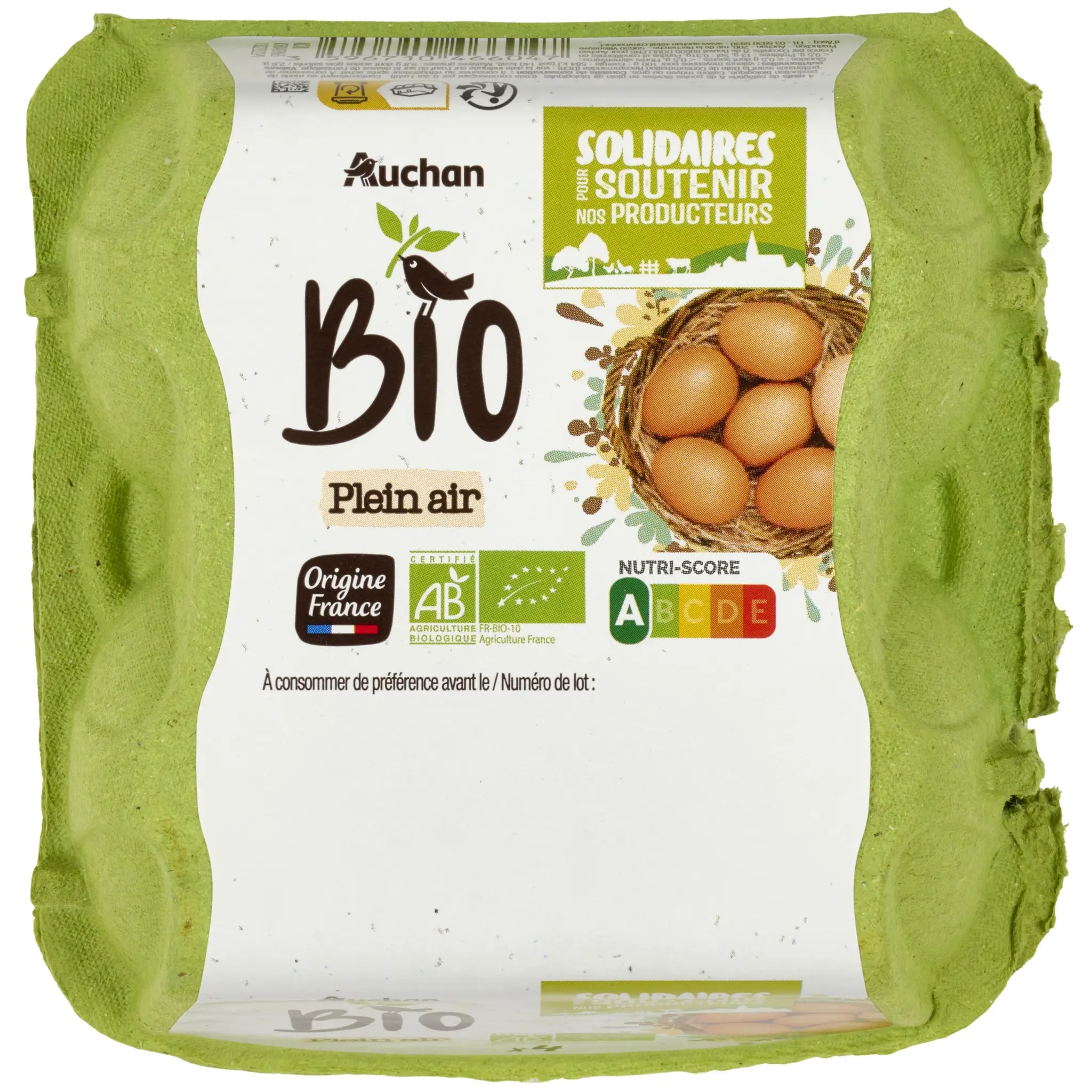 AUCHAN SOLIDAIRES BIO CULTIVONS LE BON Oeufs de poules élevées en plein air