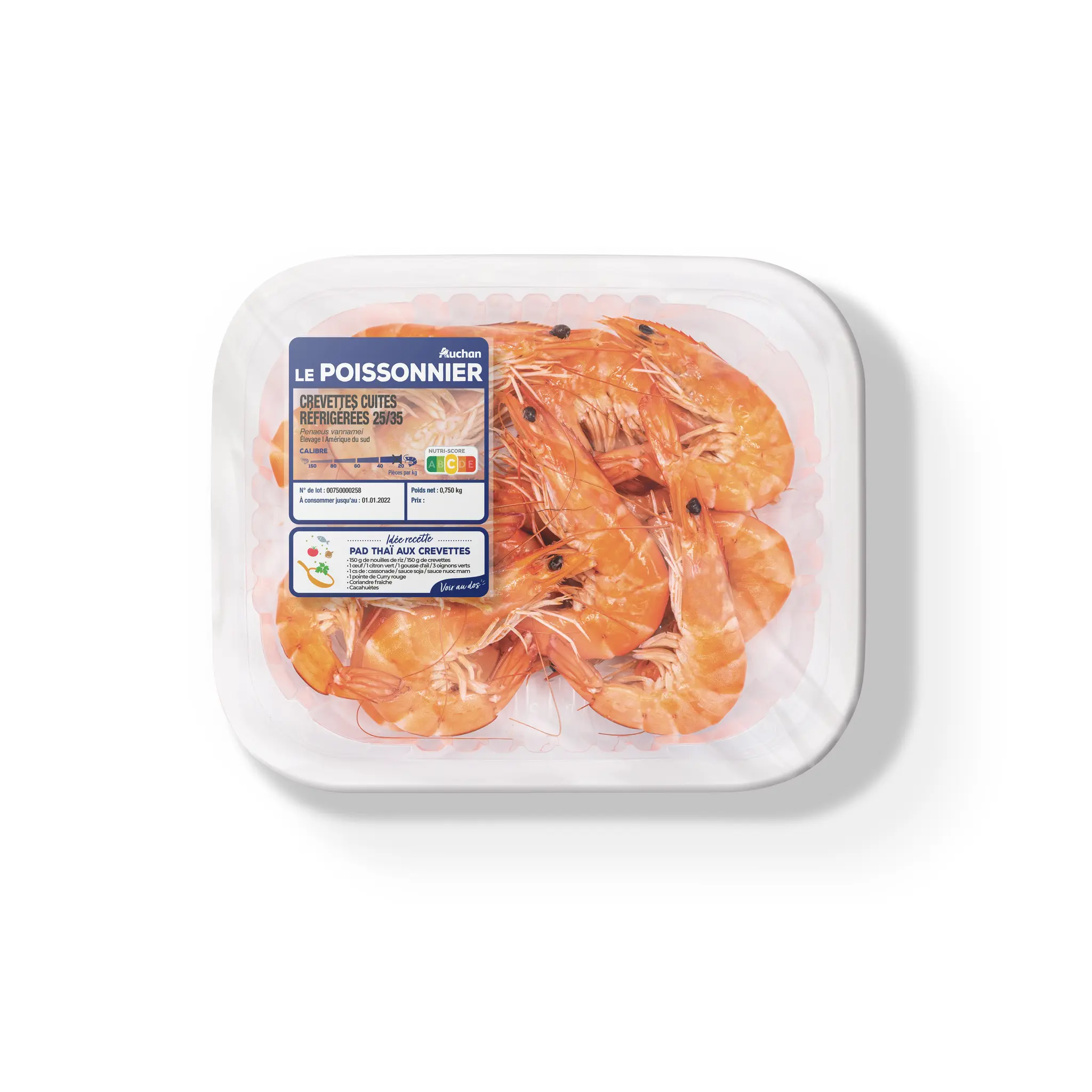 AUCHAN LE POISSONNIER Crevettes entières cuites réfrigérées