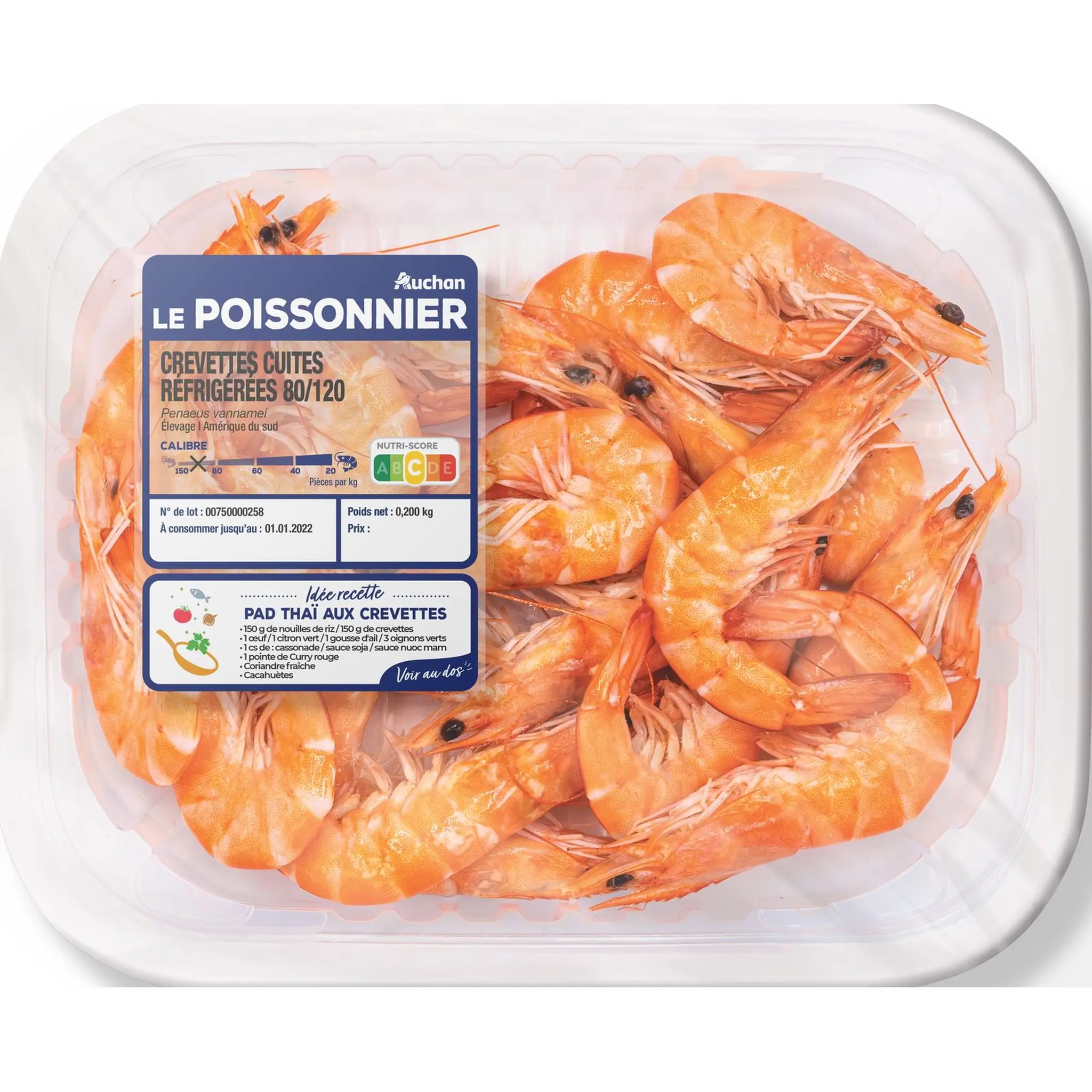 AUCHAN LE POISSONNIER Crevettes entières cuites 80/100