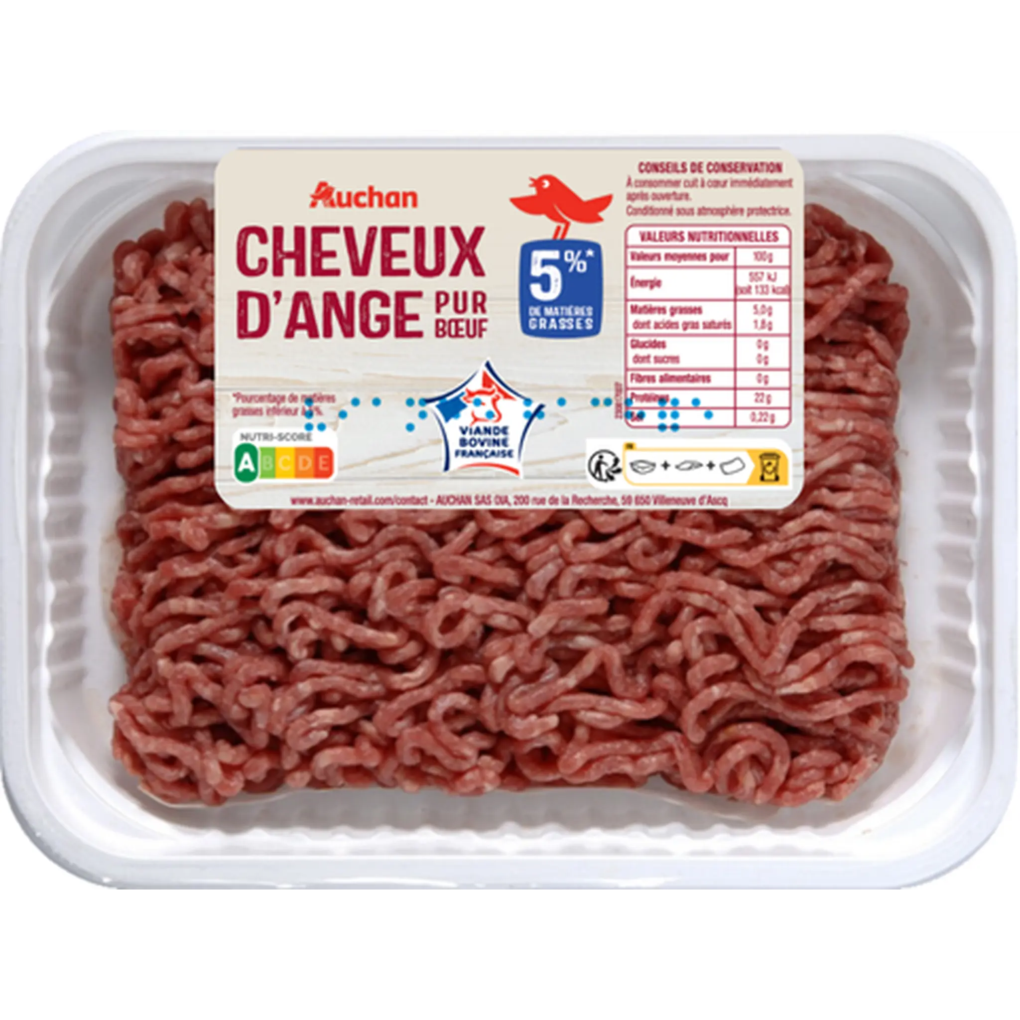 AUCHAN Cheveux d'Ange pur bœuf 5% mg, Viande Bovine Française