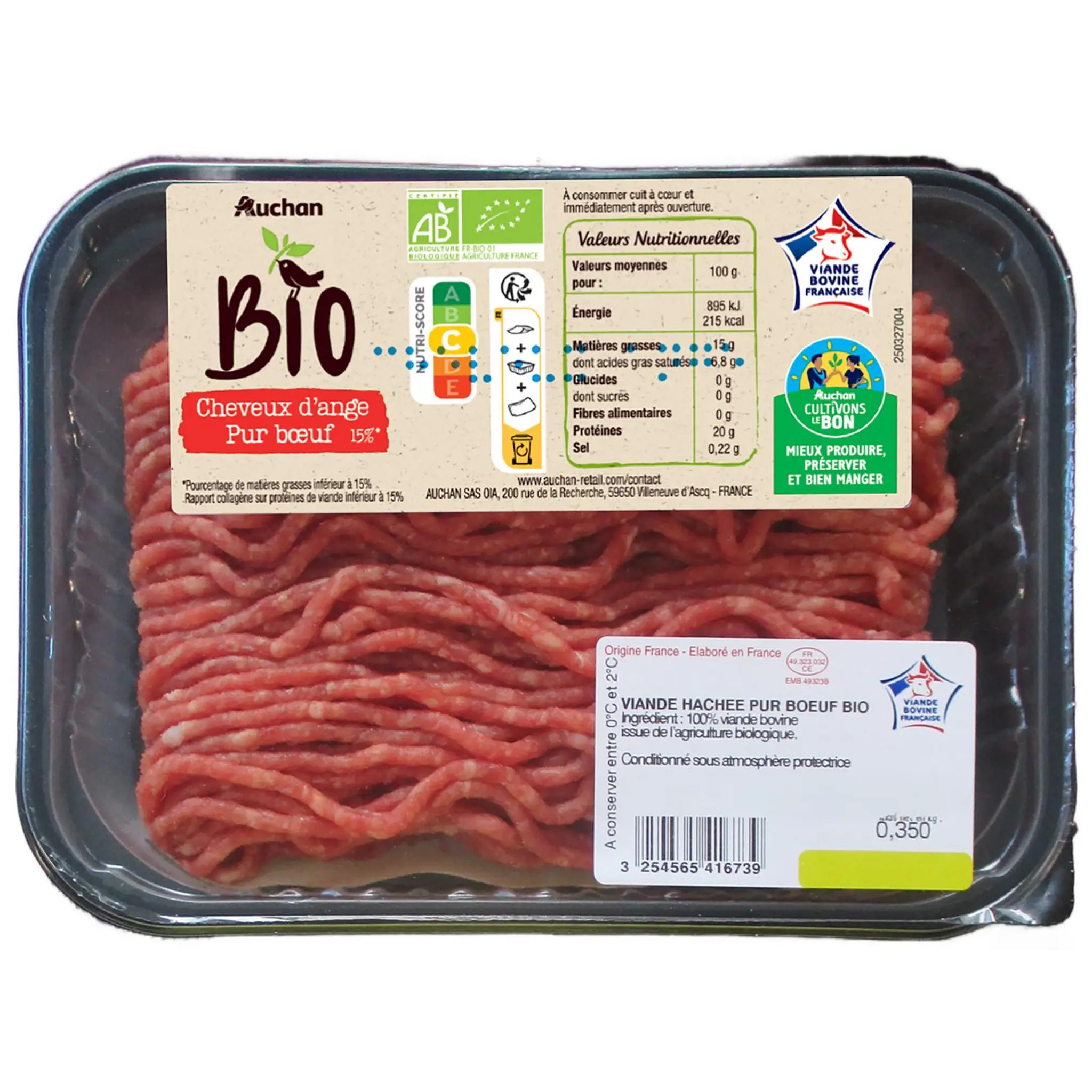 AUCHAN BIO CULTIVONS LE BON Cheveux d'ange pur bœuf 15% MG