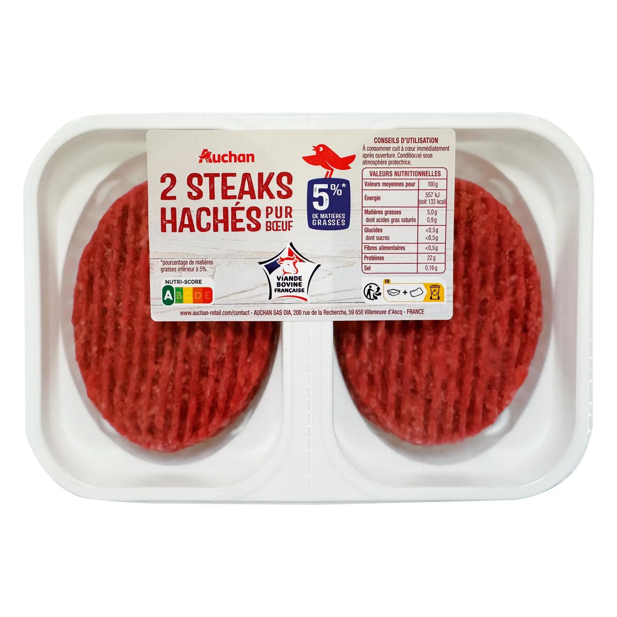 AUCHAN Steaks hachés pur bœuf 5%MG