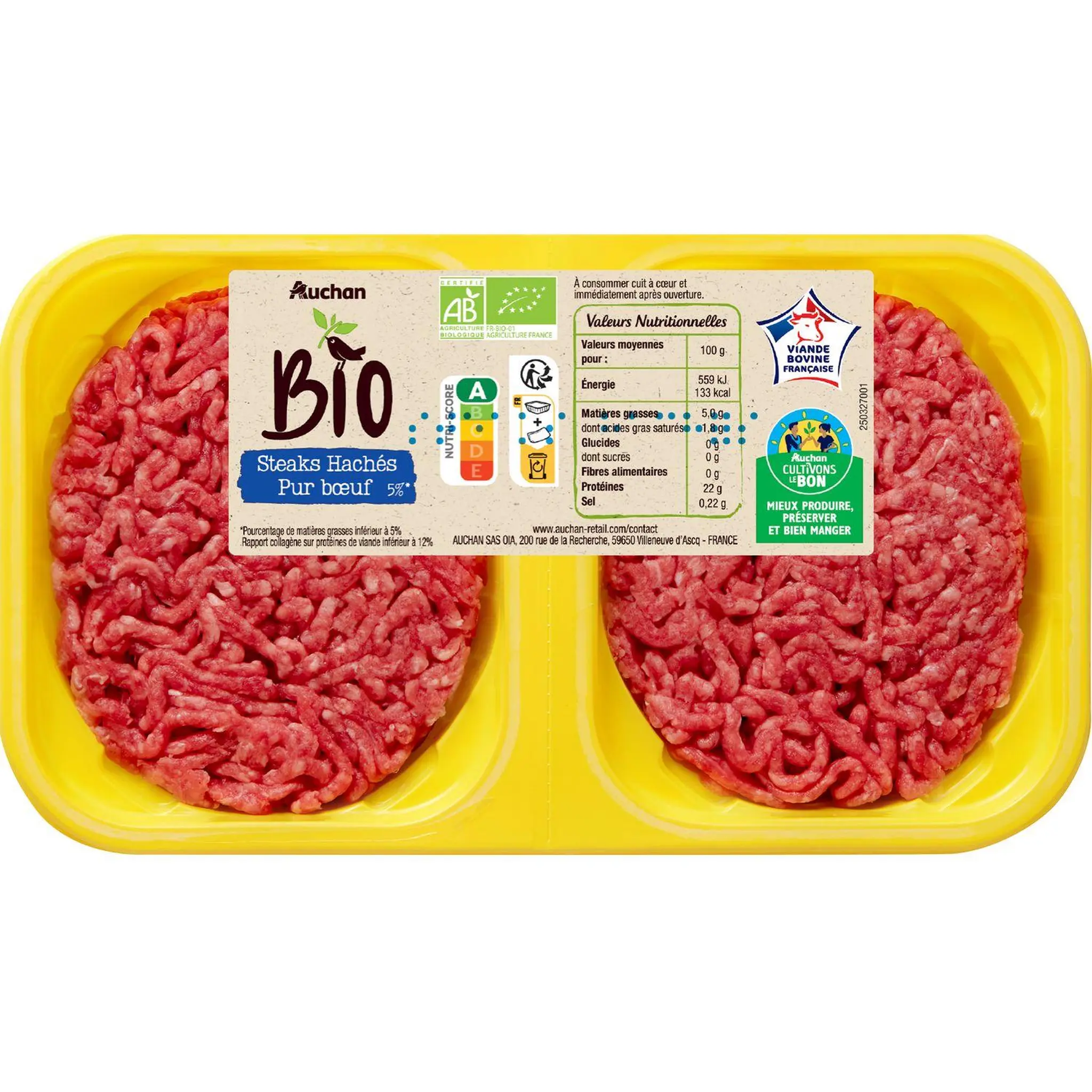 AUCHAN BIO CULTIVONS LE BON Steaks hachés Pur boeuf 5% mg