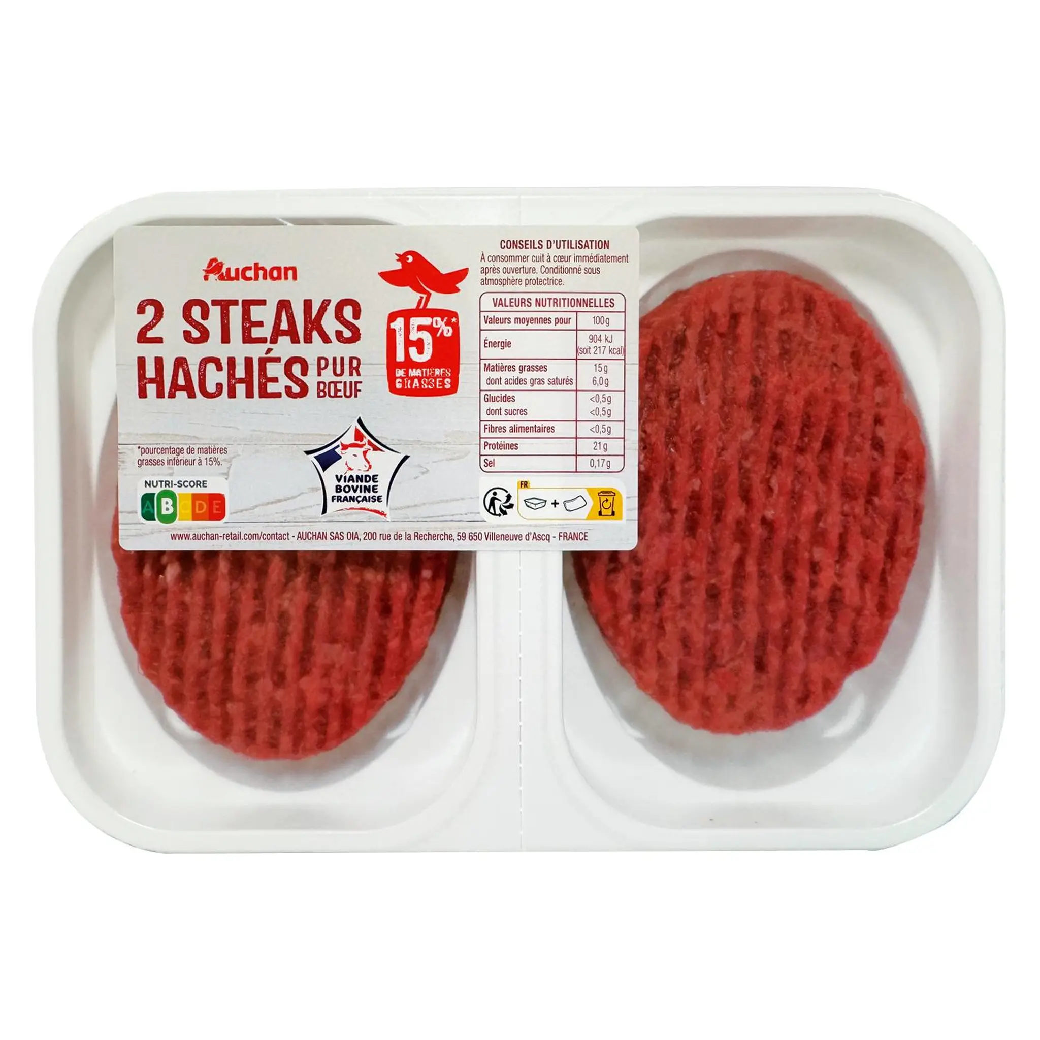 AUCHAN Steaks hachés pur bœuf 15%MG