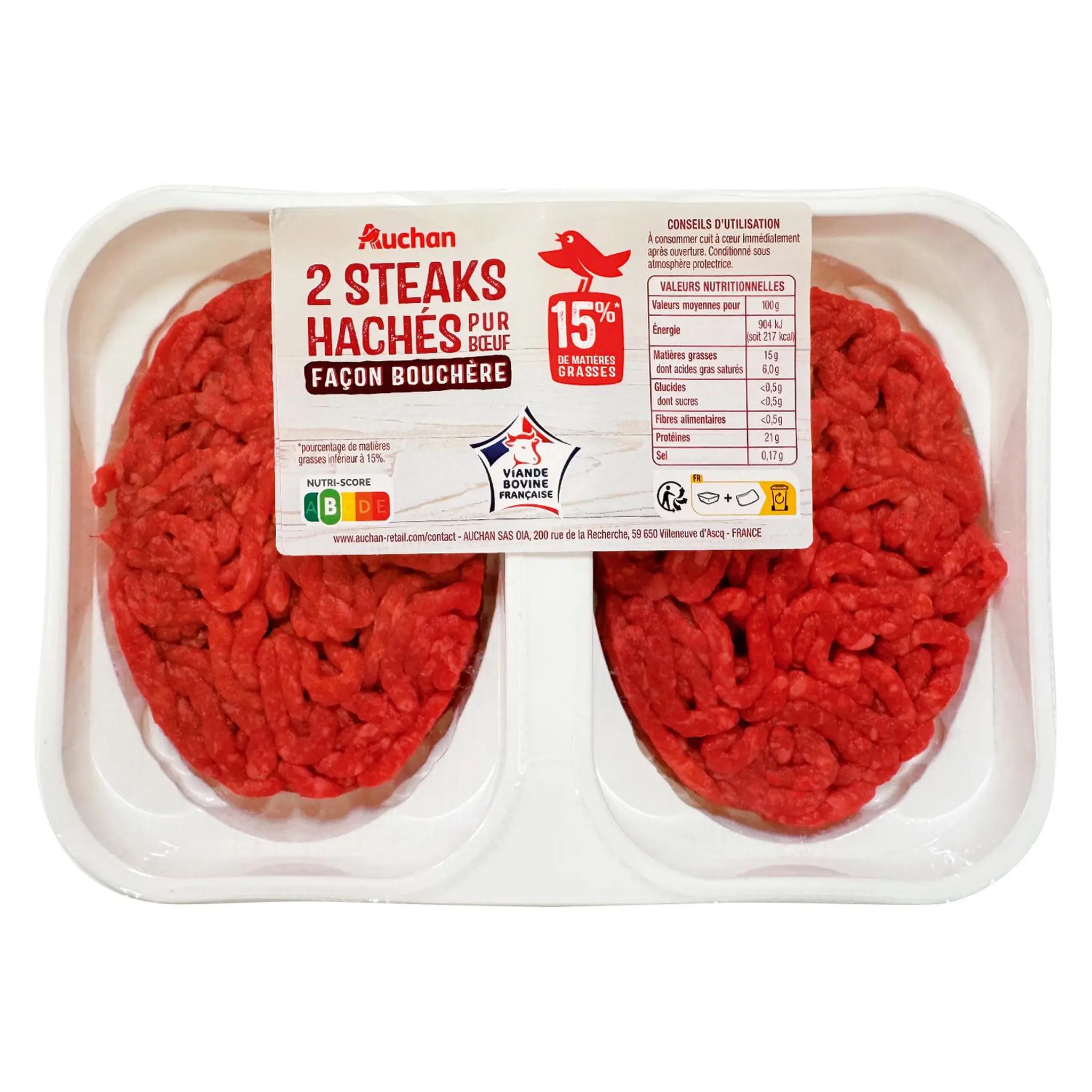 AUCHAN Steaks hachés pur bœuf façon bouchère 15% MG