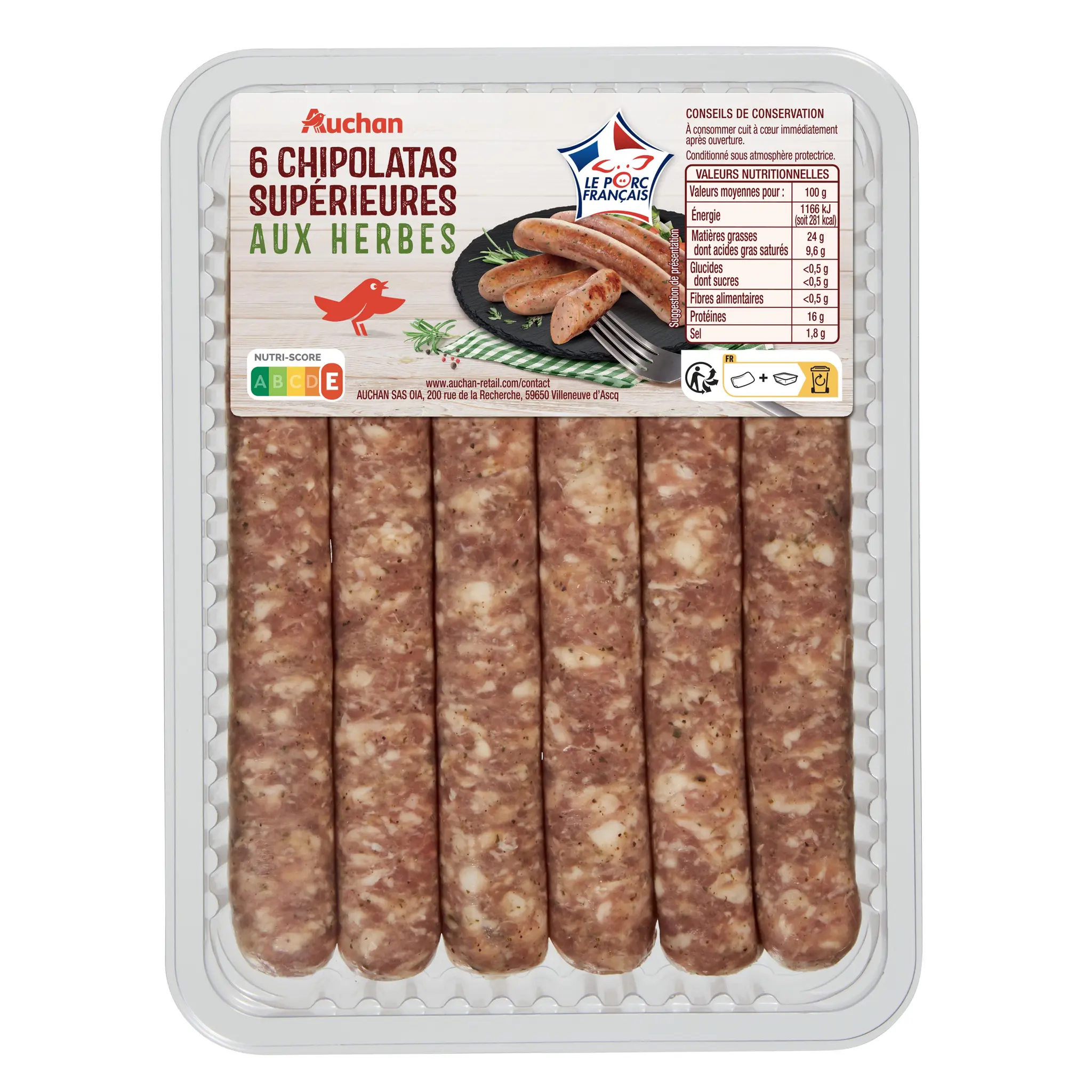 AUCHAN Chipolatas supérieures aux herbes