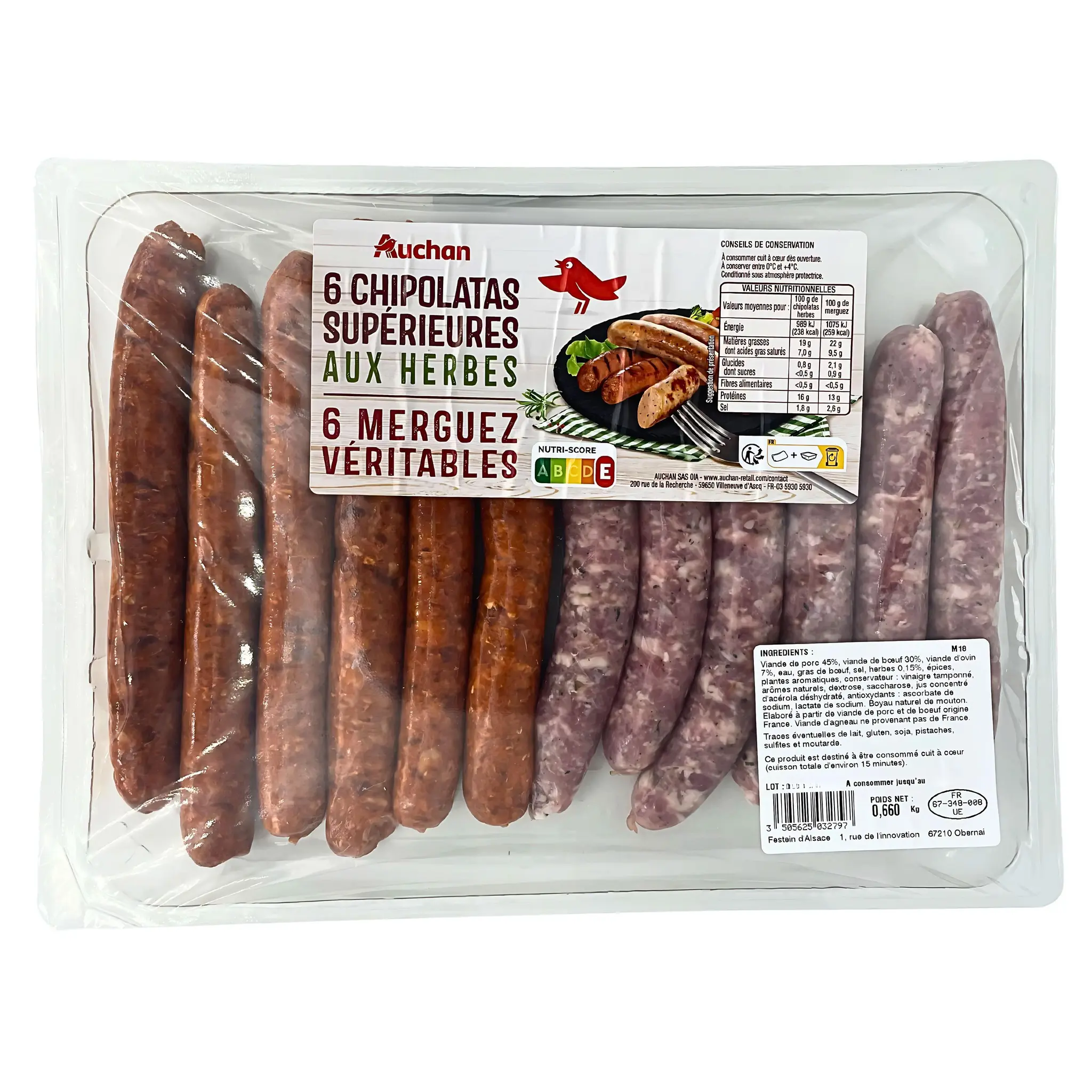 AUCHAN Chipolatas supérieures aux herbes et merguez véritables