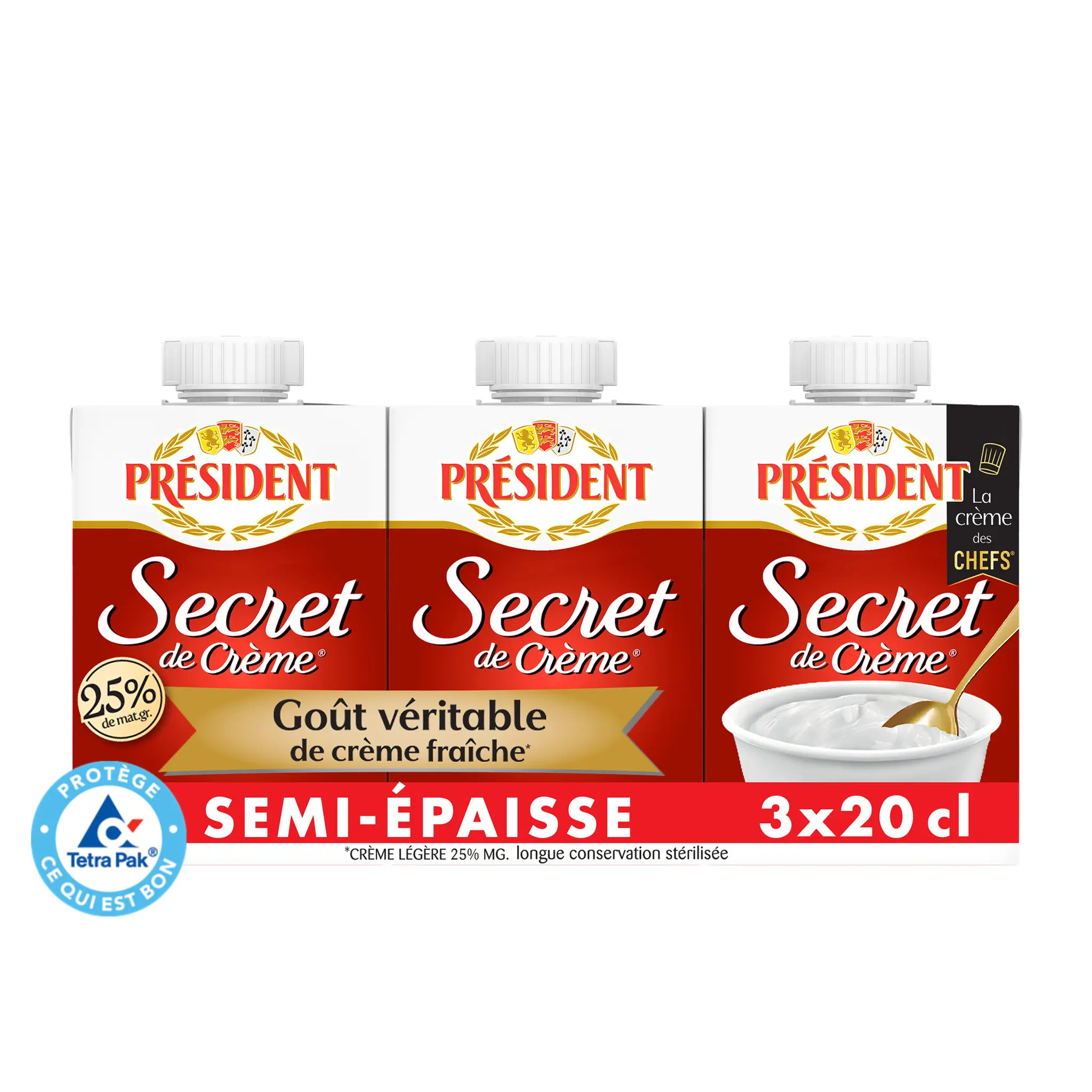 PRESIDENT Secret de crème semi-épaisse légère 25% MG UHT