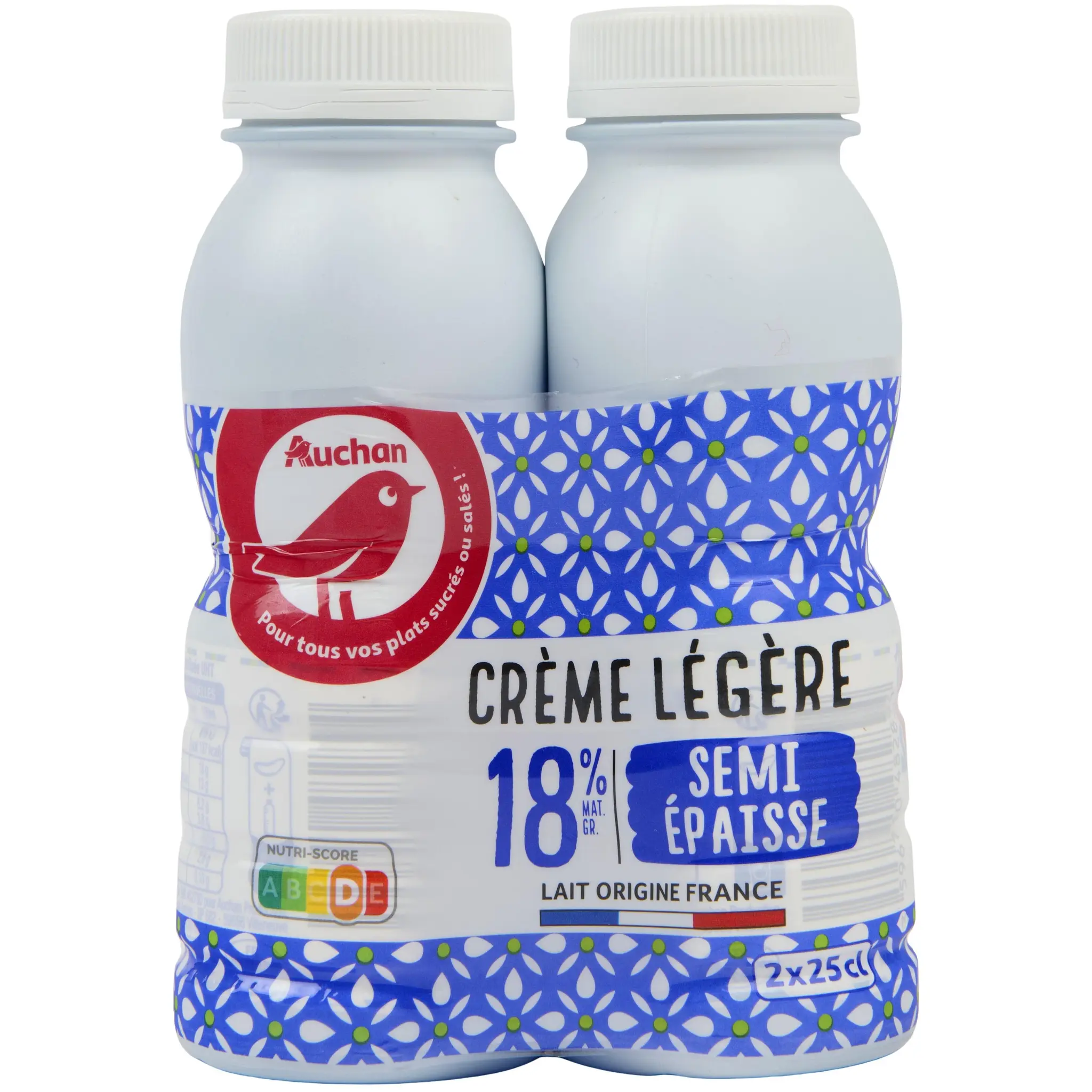 AUCHAN Crème semi-épaisse légère 18% MG UHT