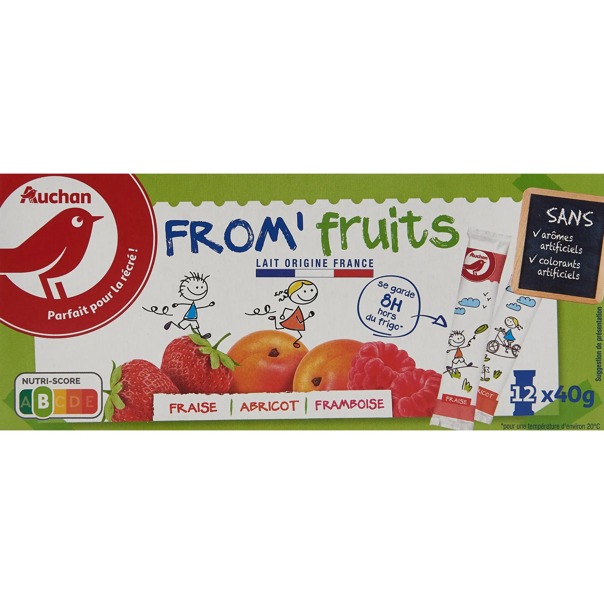 AUCHAN Fromage blanc aromatisé à la fraise - abricot - framboise en tube