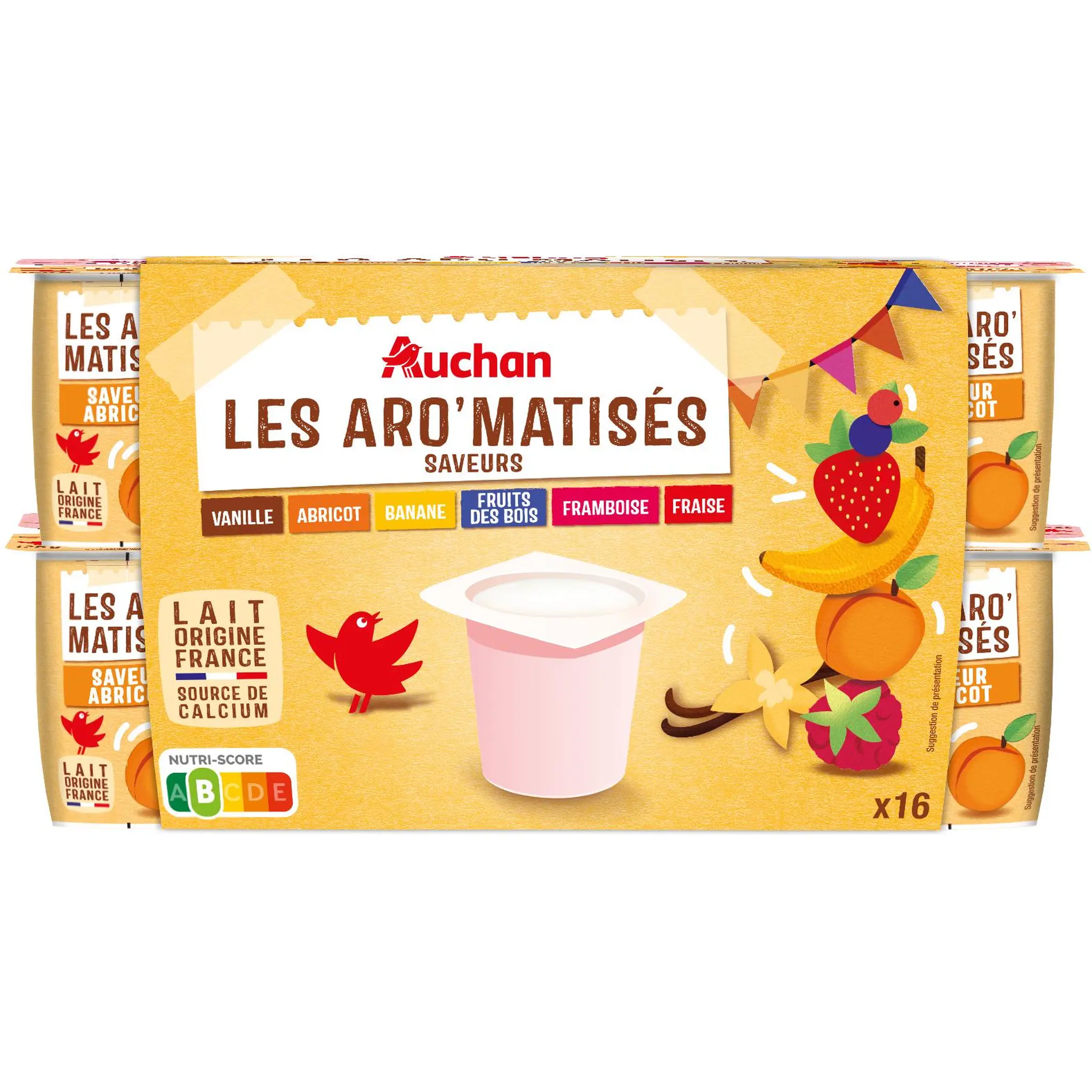 AUCHAN Les Aromatisés - Yaourt panaché vanille abricot banane fruits des bois fraise framboise