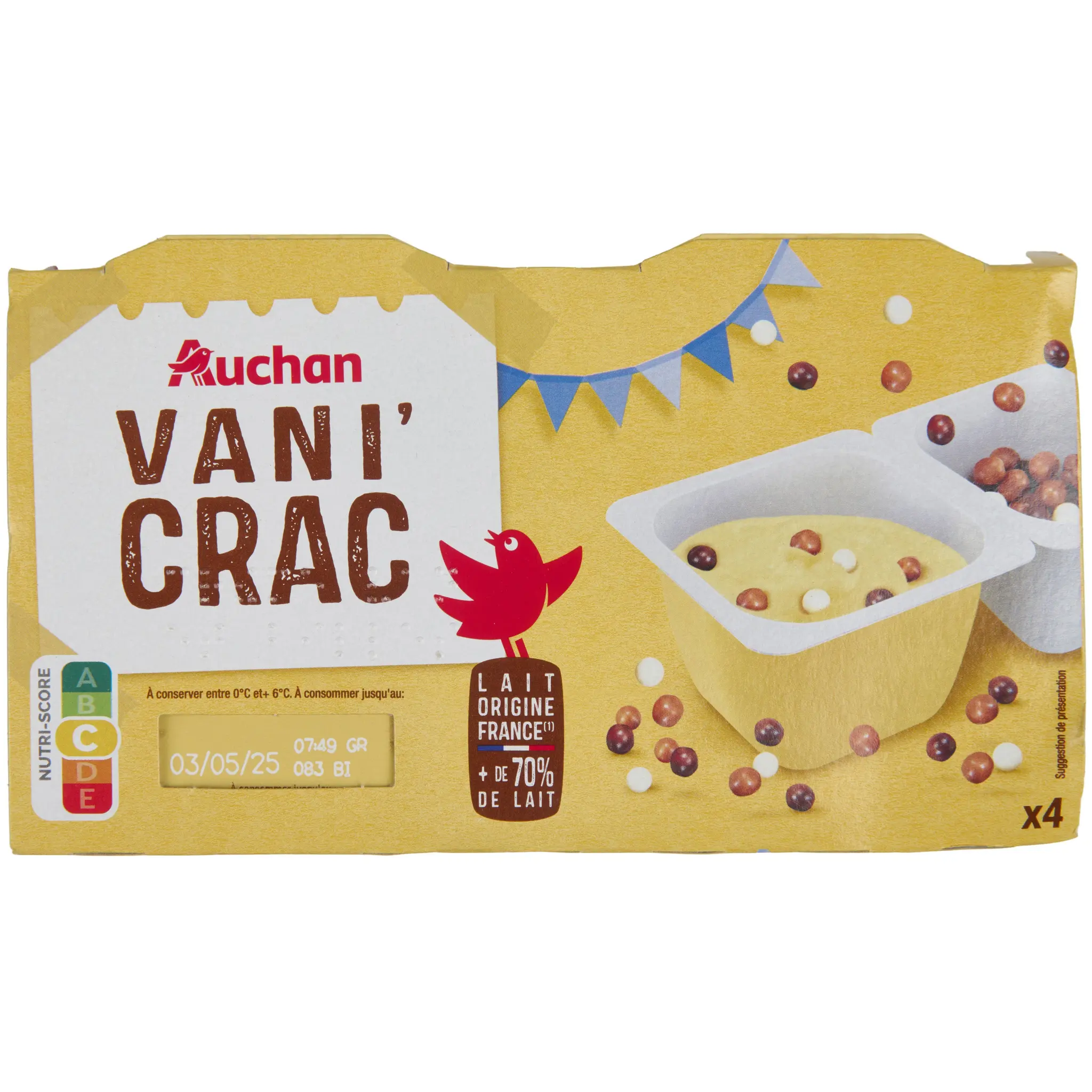AUCHAN Vani'Crac Crème dessert saveur vanille et billes 3 chocolats