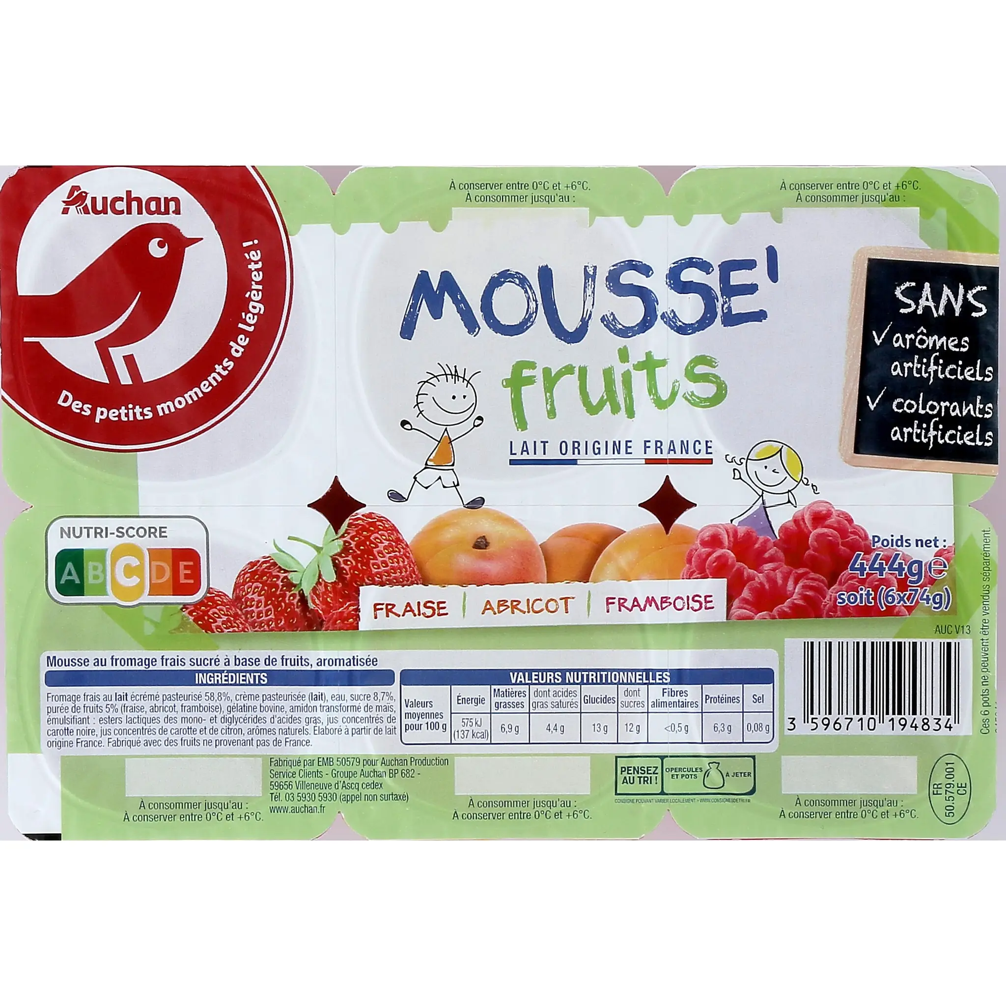 AUCHAN Mousse de fromage frais aux fruits