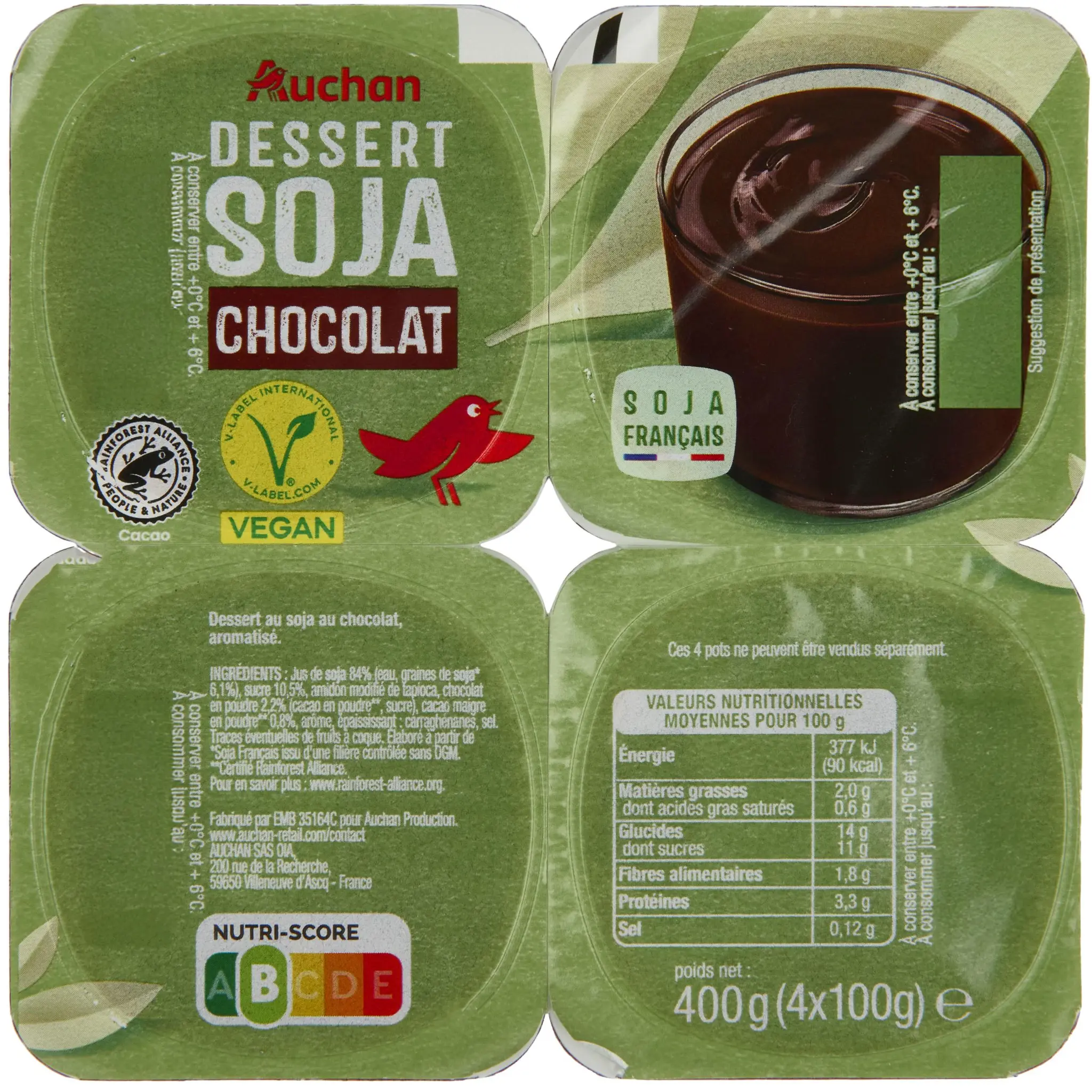 AUCHAN Dessert végétal au soja et au chocolat