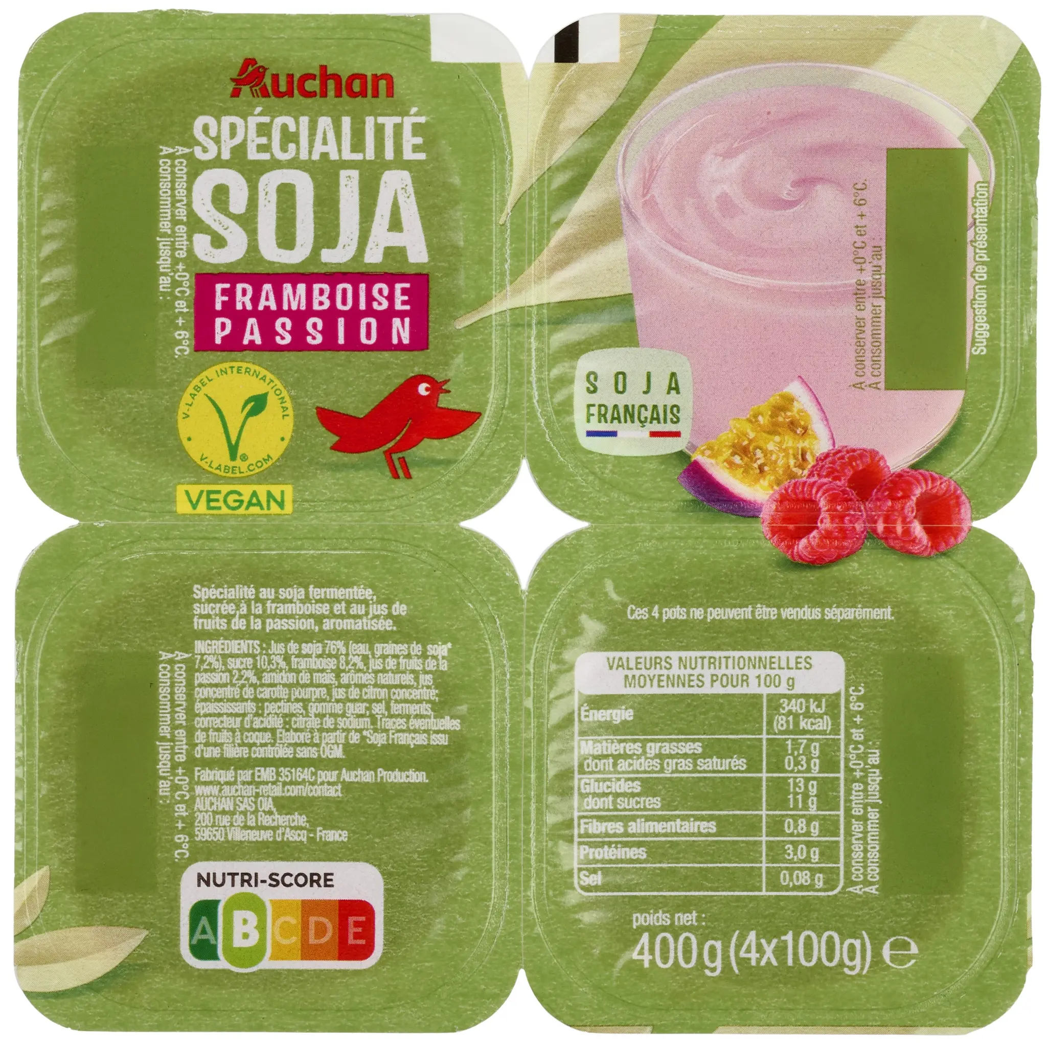 AUCHAN Dessert végétal au soja framboise et passion