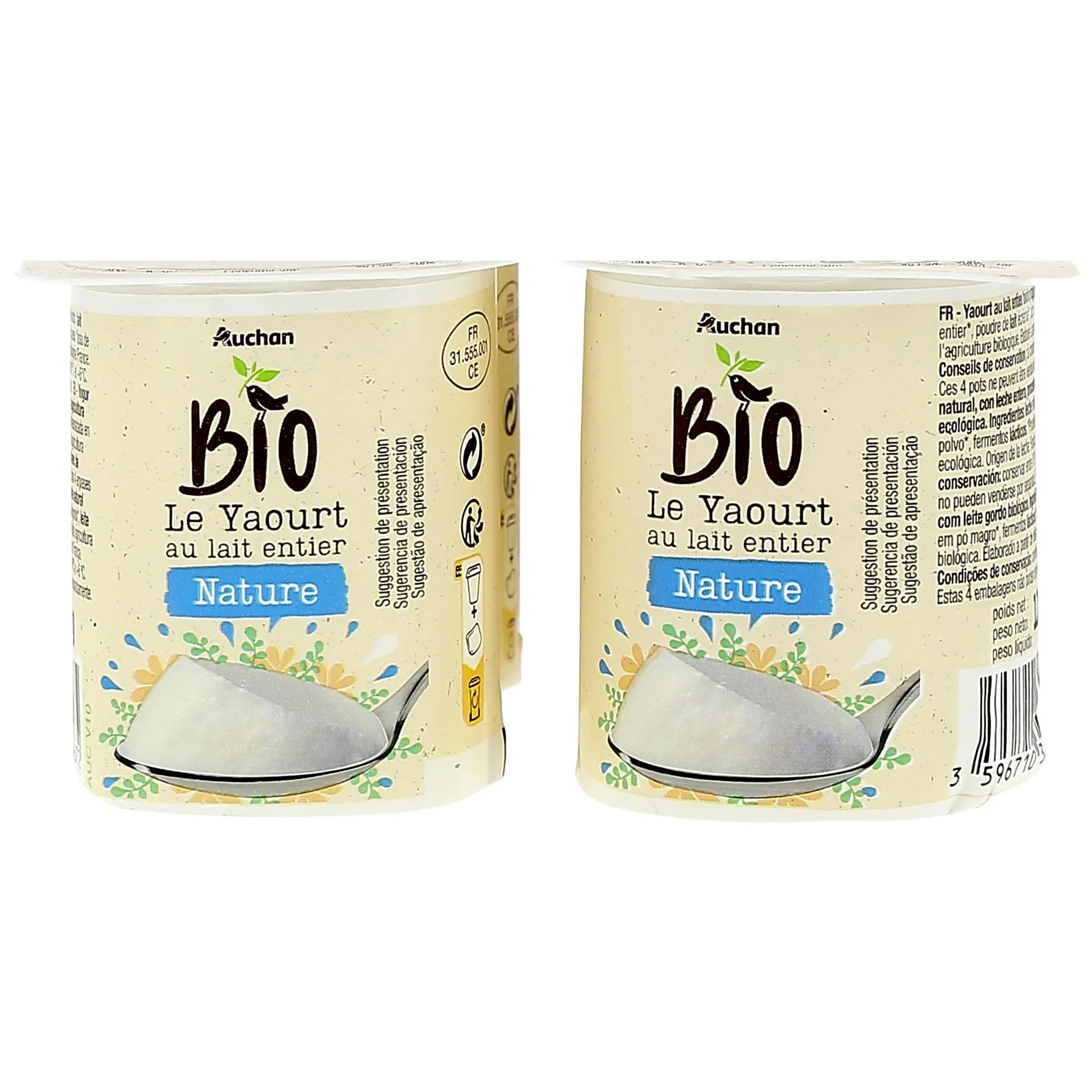AUCHAN BIO Yaourt au lait entier nature