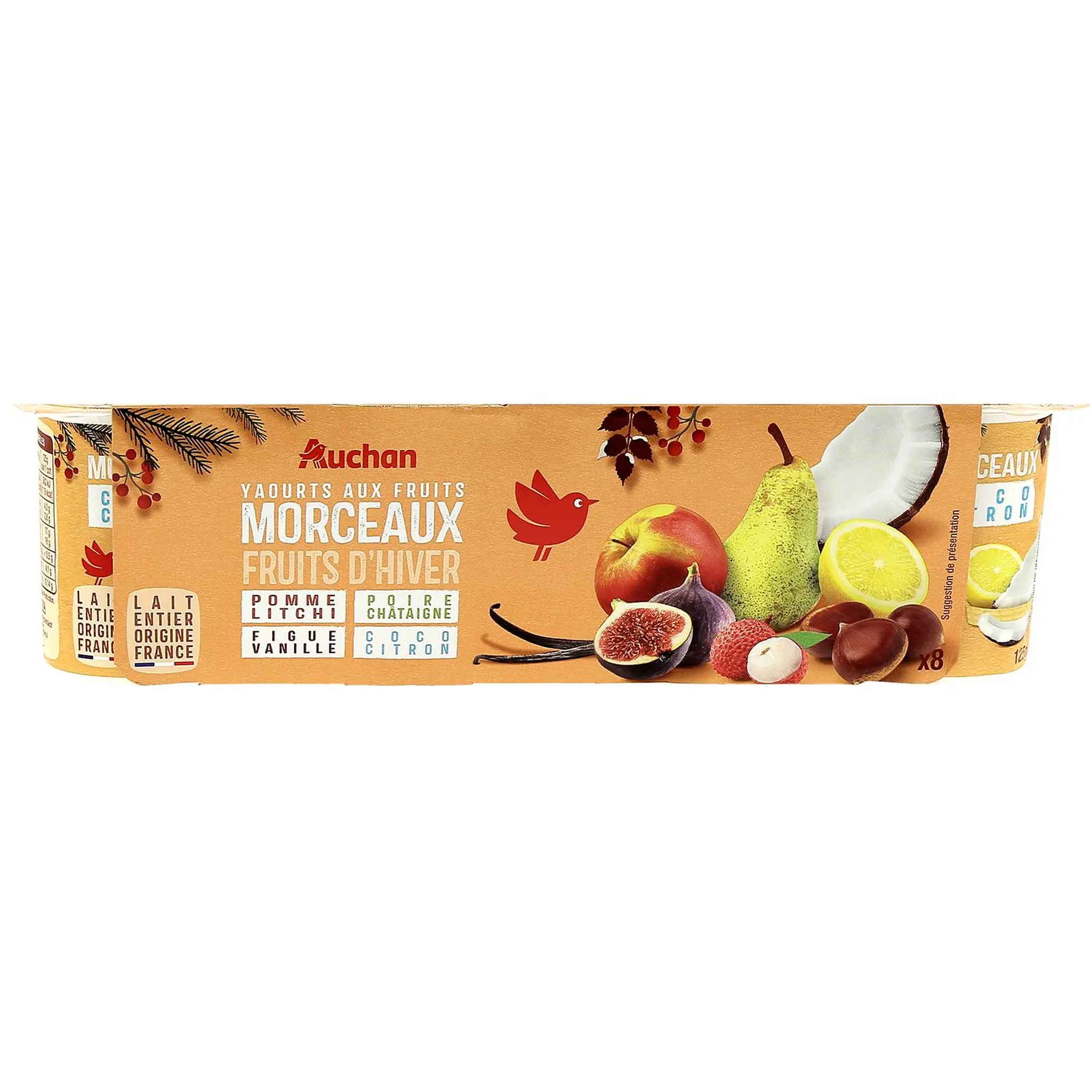 AUCHAN Yaourt aux fruits pomme litchi figues vanille poire châtaigne et coco citron avec morceaux