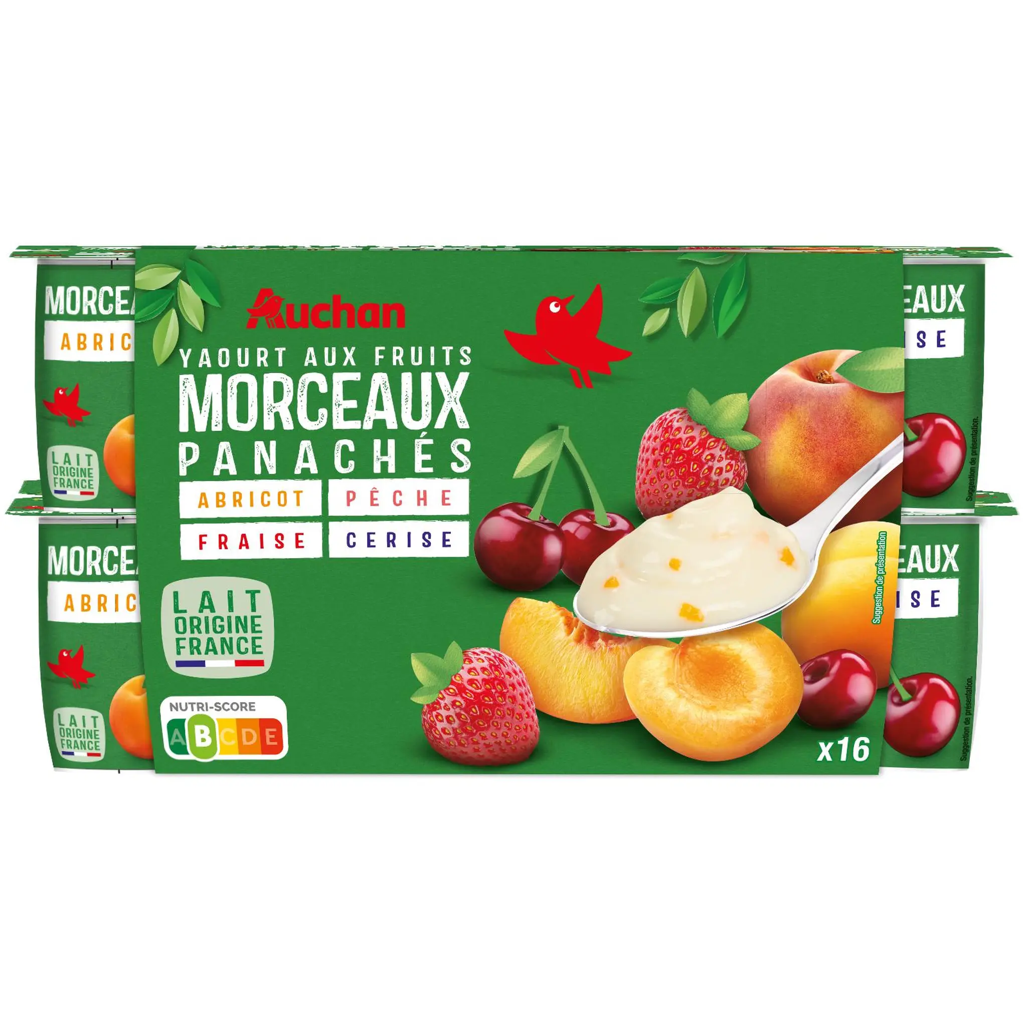 AUCHAN Yaourt aux fruits abricot pêche fraise cerise avec morceaux