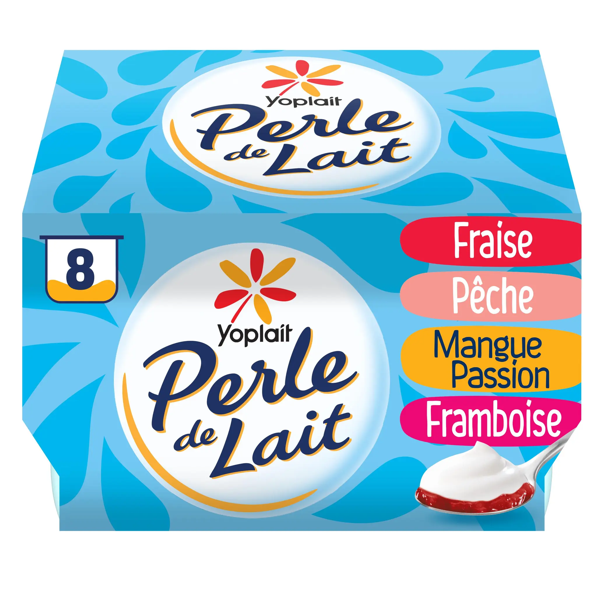 PERLE DE LAIT Yaourt brassé nature sur lit de framboise pêche fraise mangue/passion