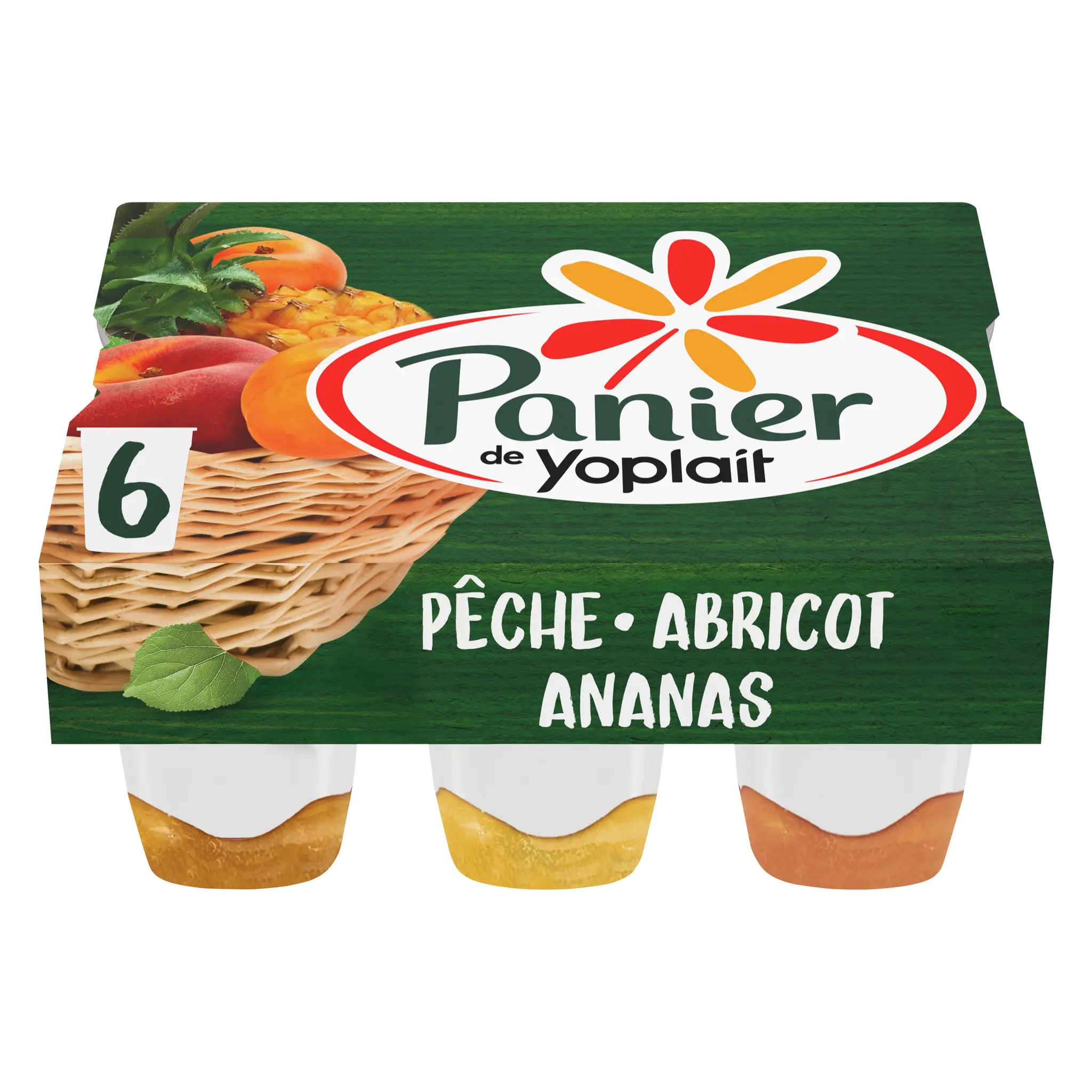 PANIER DE YOPLAIT Yaourt nature sur lit de fruits jaunes pêche abricot ananas