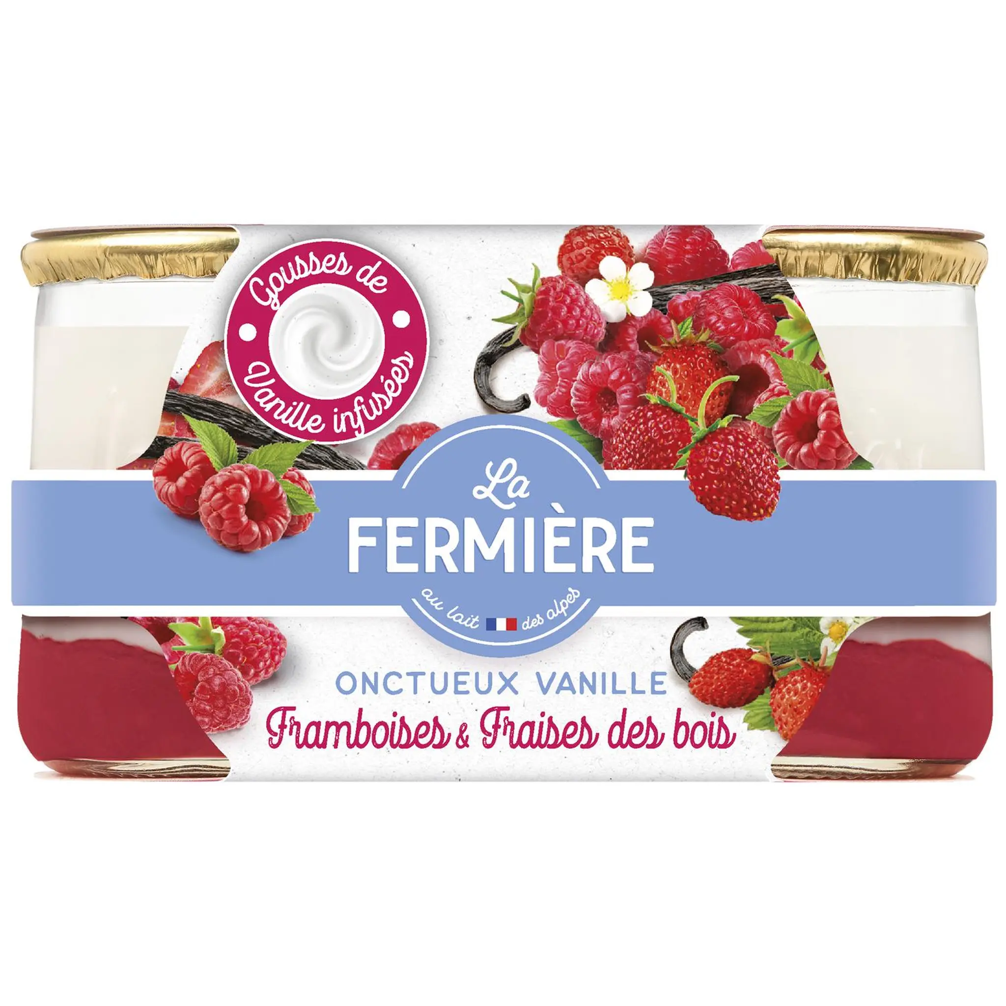 LA FERMIERE Yaourt onctueux à la vanille sur lit de framboises et fraises des bois