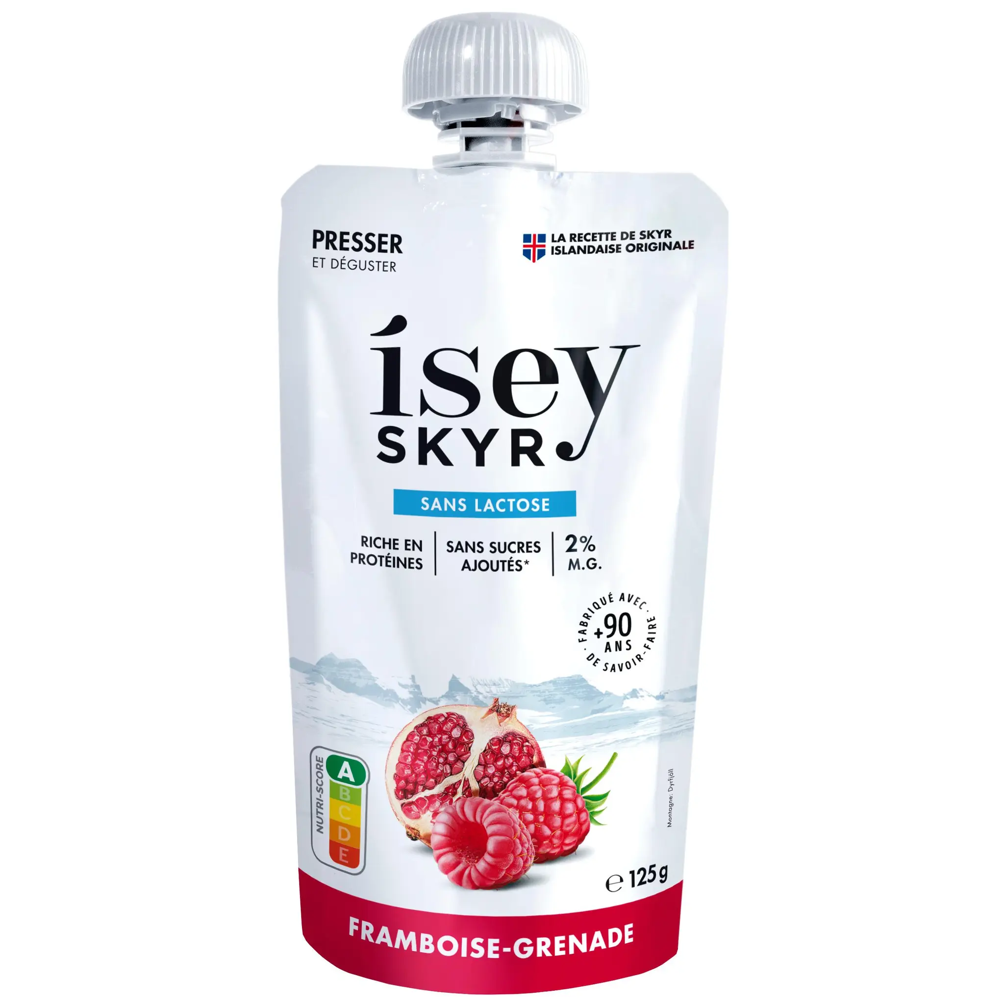 ISEY Skyr gourde sans lactose sans sucres ajoutés à la framboise et grenade