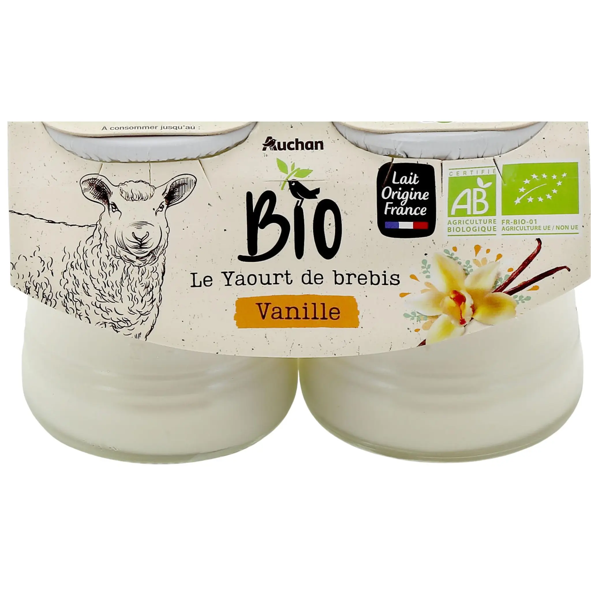 AUCHAN BIO Yaourt arômatisé à la vanille au lait de brebis