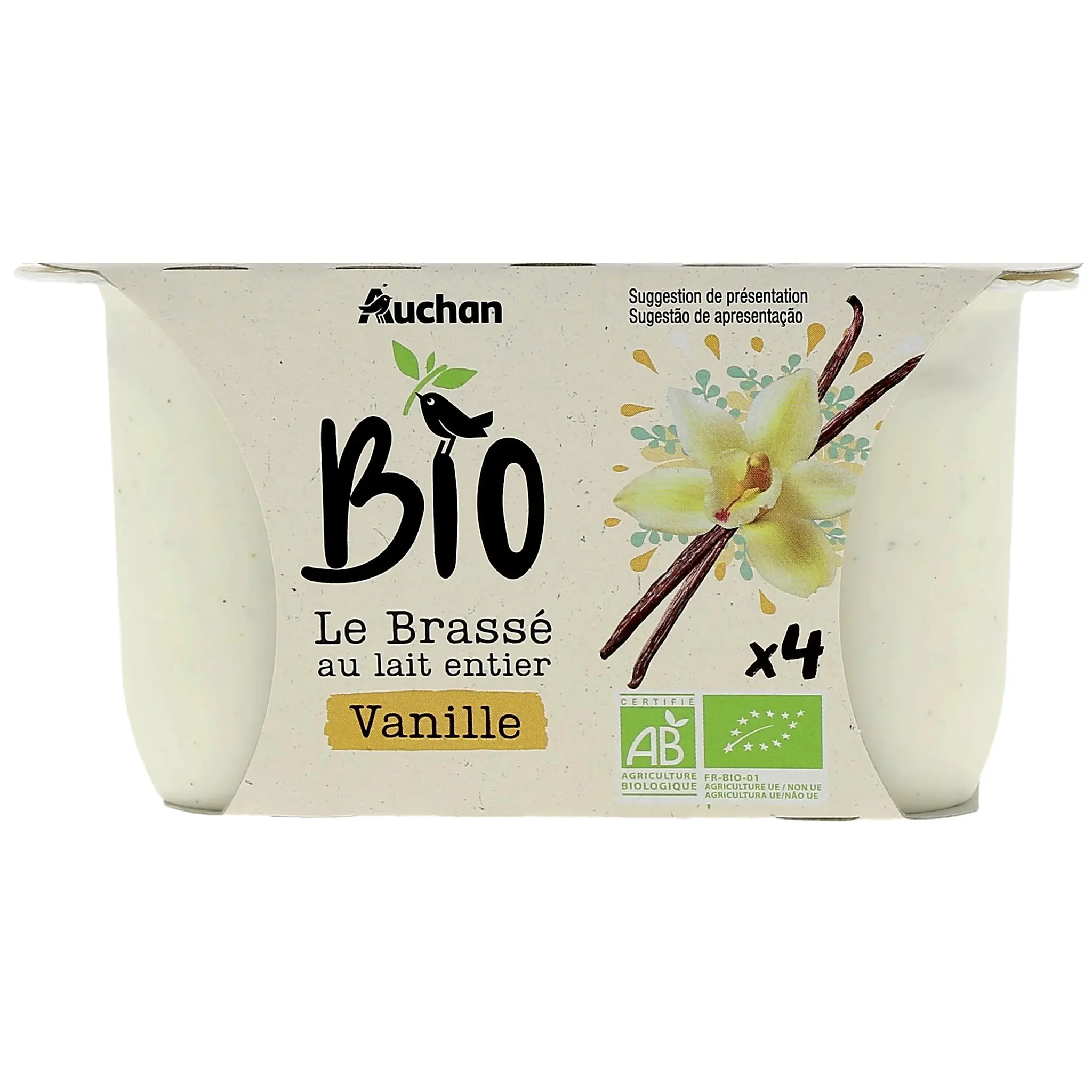 AUCHAN BIO Yaourt au lait entier brassé sucré à la vanille