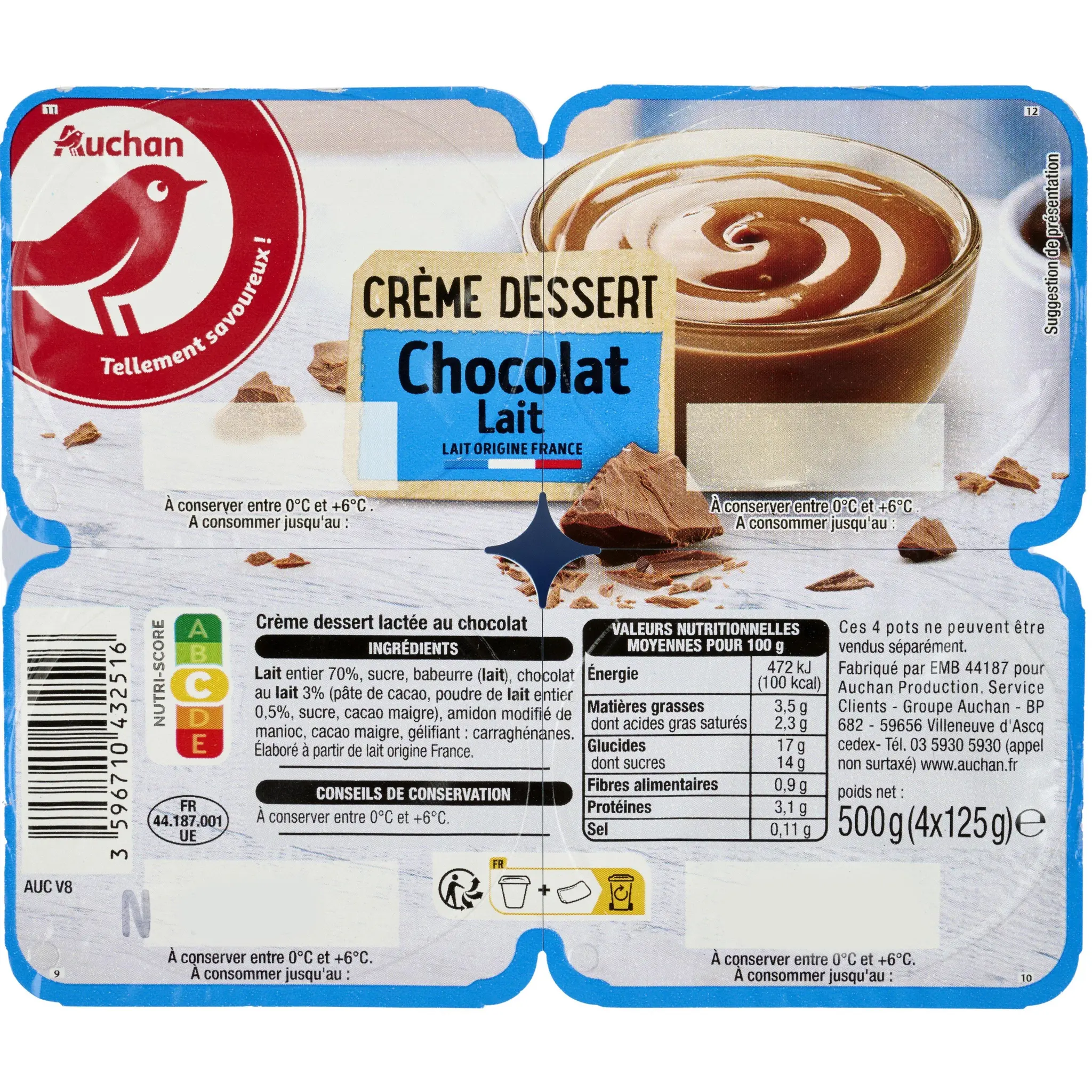AUCHAN Crème dessert au chocolat au lait