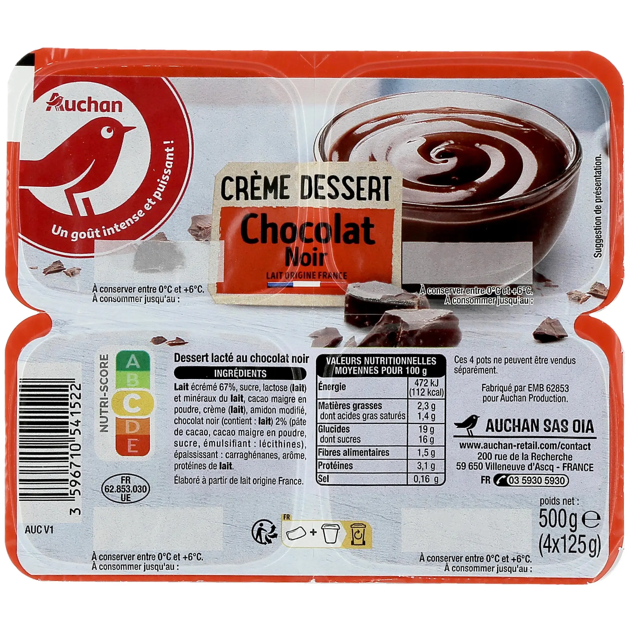 AUCHAN Crème dessert chocolat noir