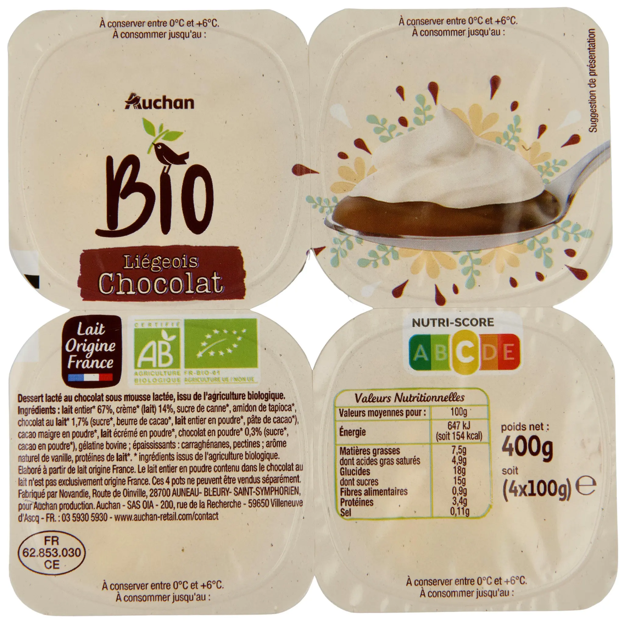 AUCHAN BIO CULTIVONS LE BON Liégeois au chocolat