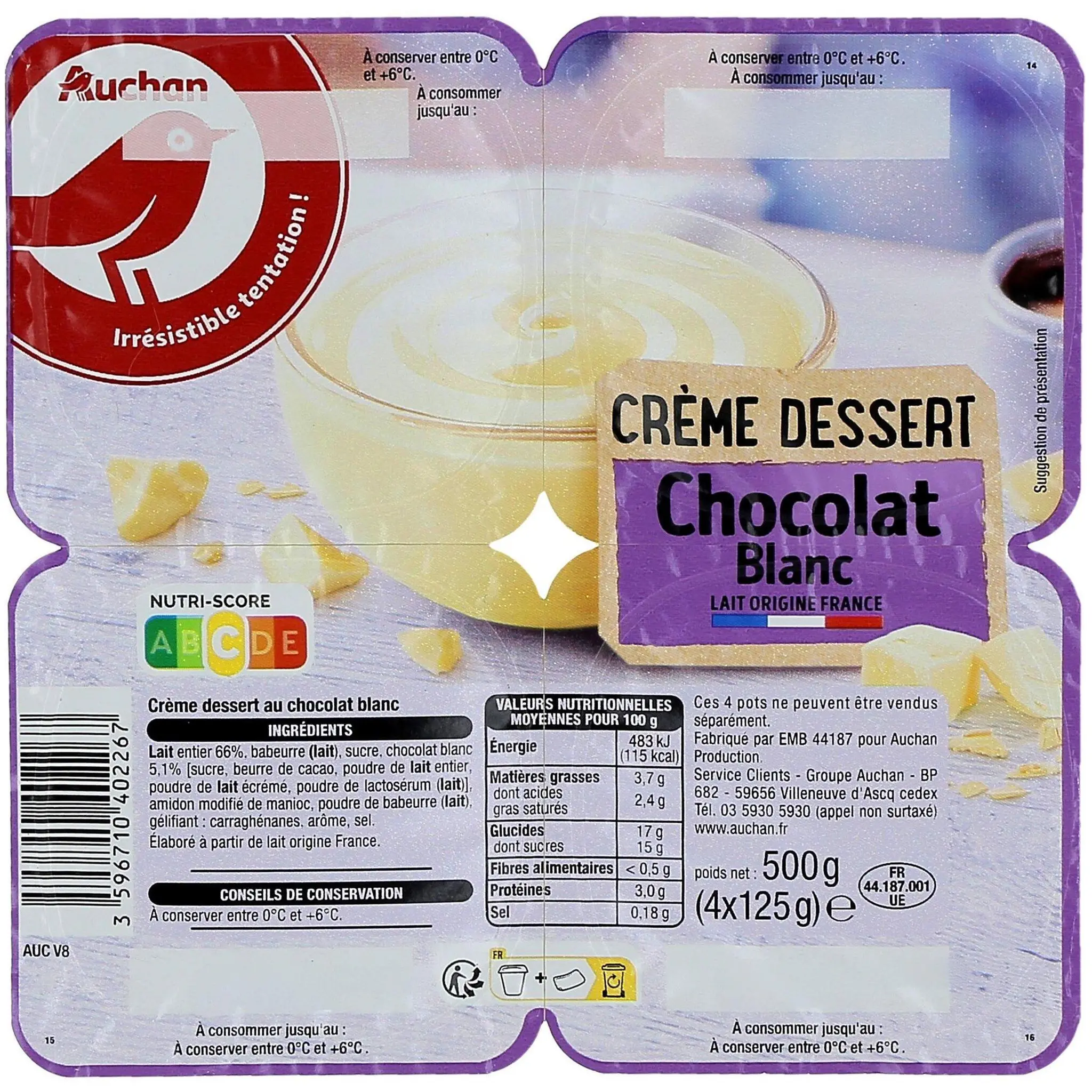 AUCHAN Crème dessert au chocolat blanc