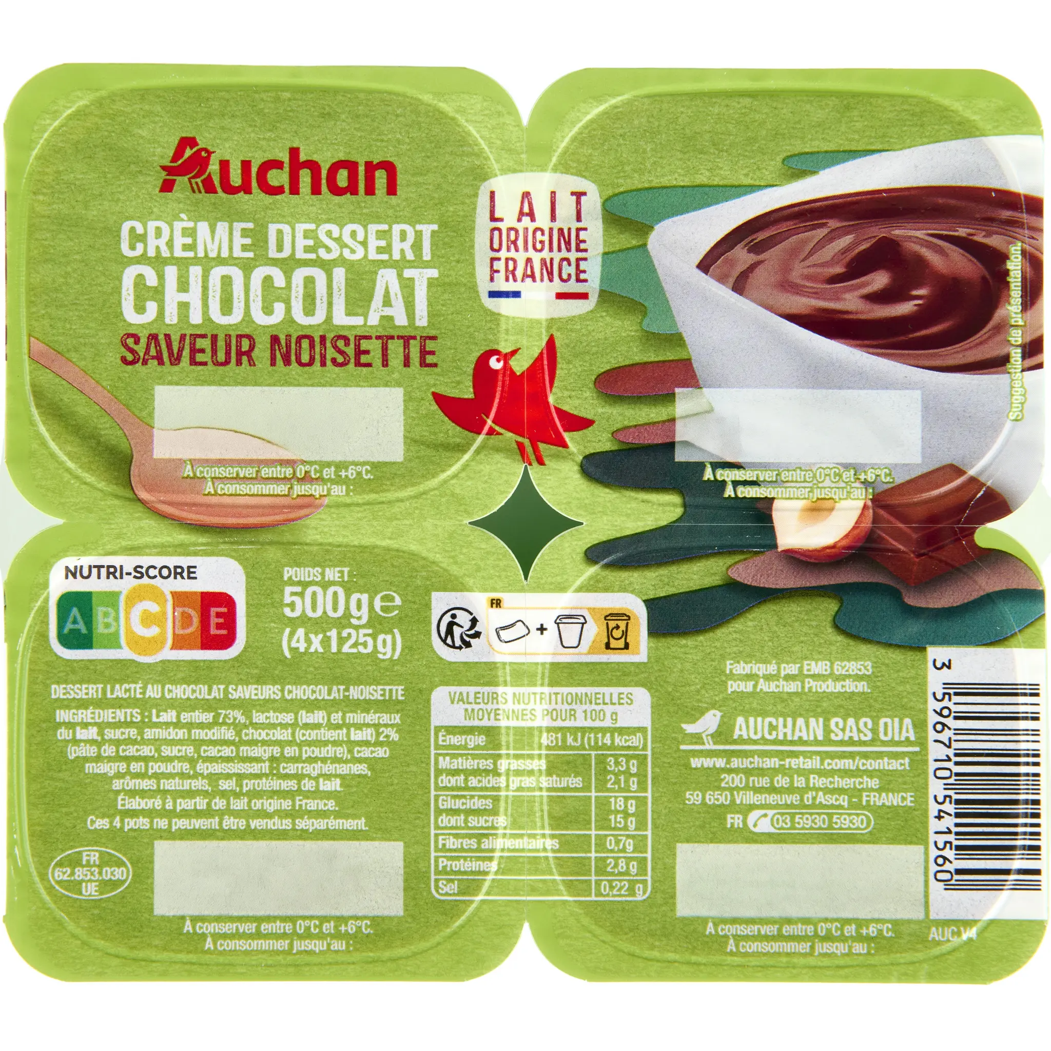 AUCHAN Crème dessert au chocolat saveur noisette