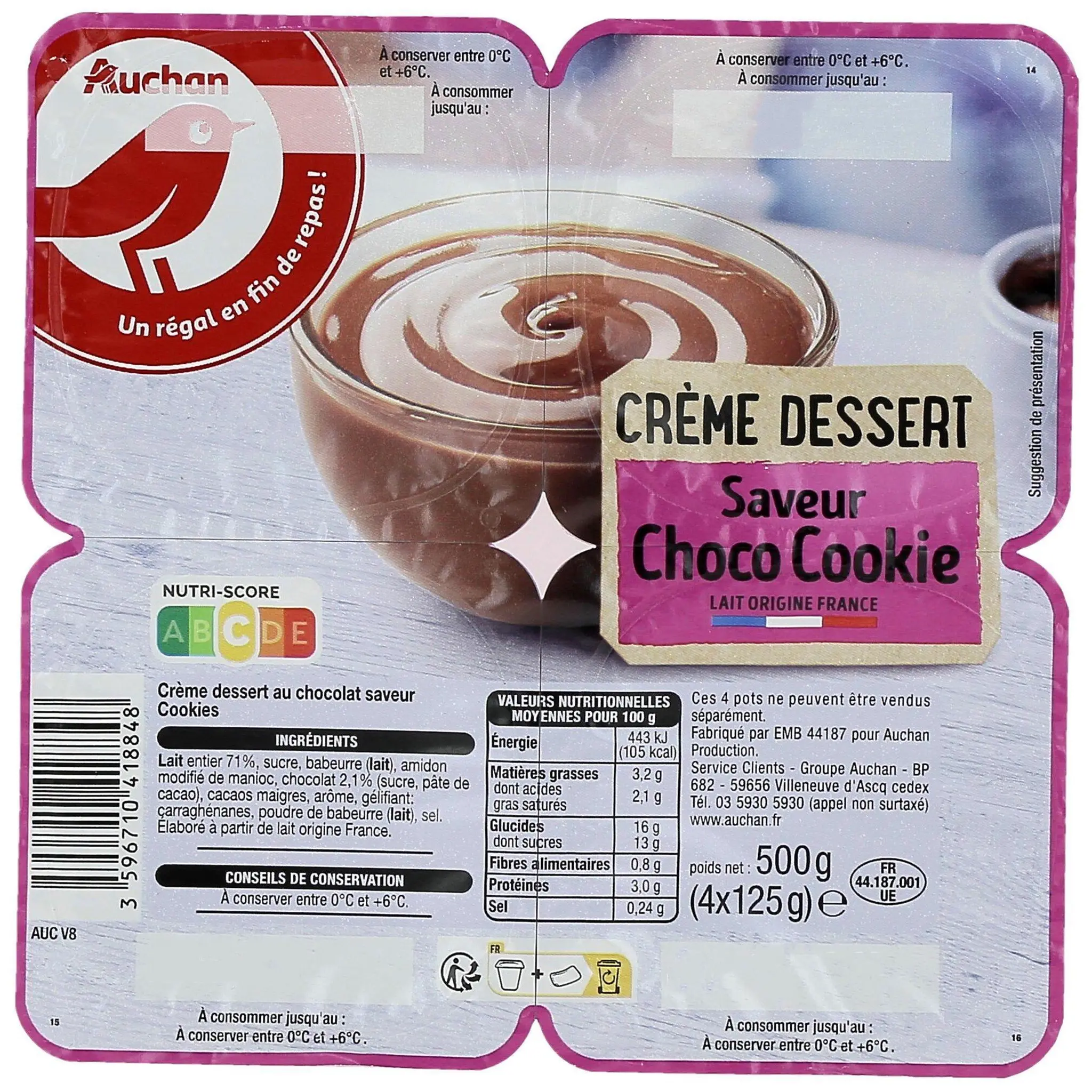AUCHAN Crème dessert choco cookies