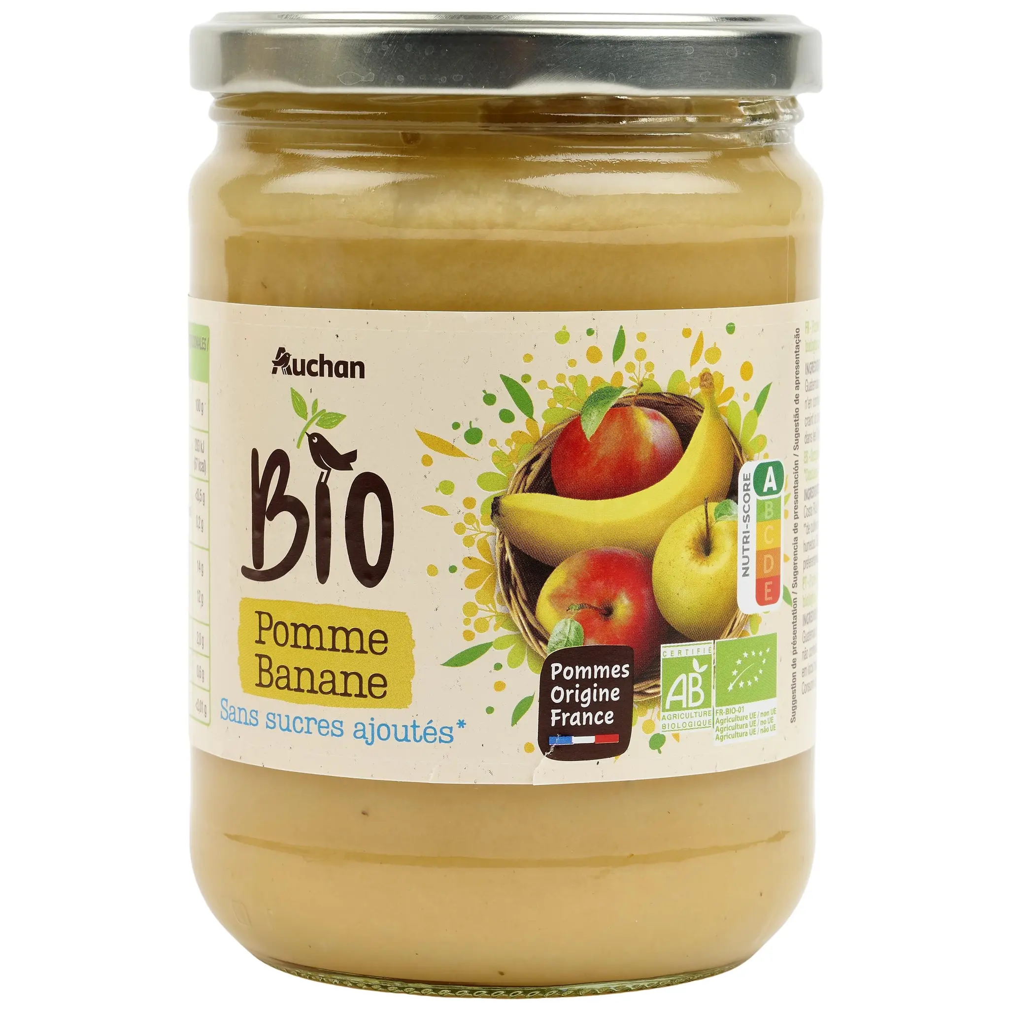 AUCHAN BIO Purée de pomme banane sans sucres ajoutés en bocal