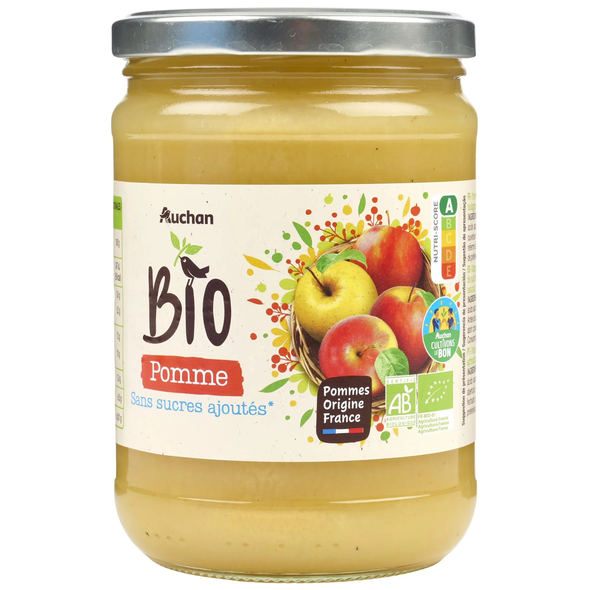 AUCHAN BIO CULTIVONS LE BON Purée de pomme sans sucres ajoutés en bocal