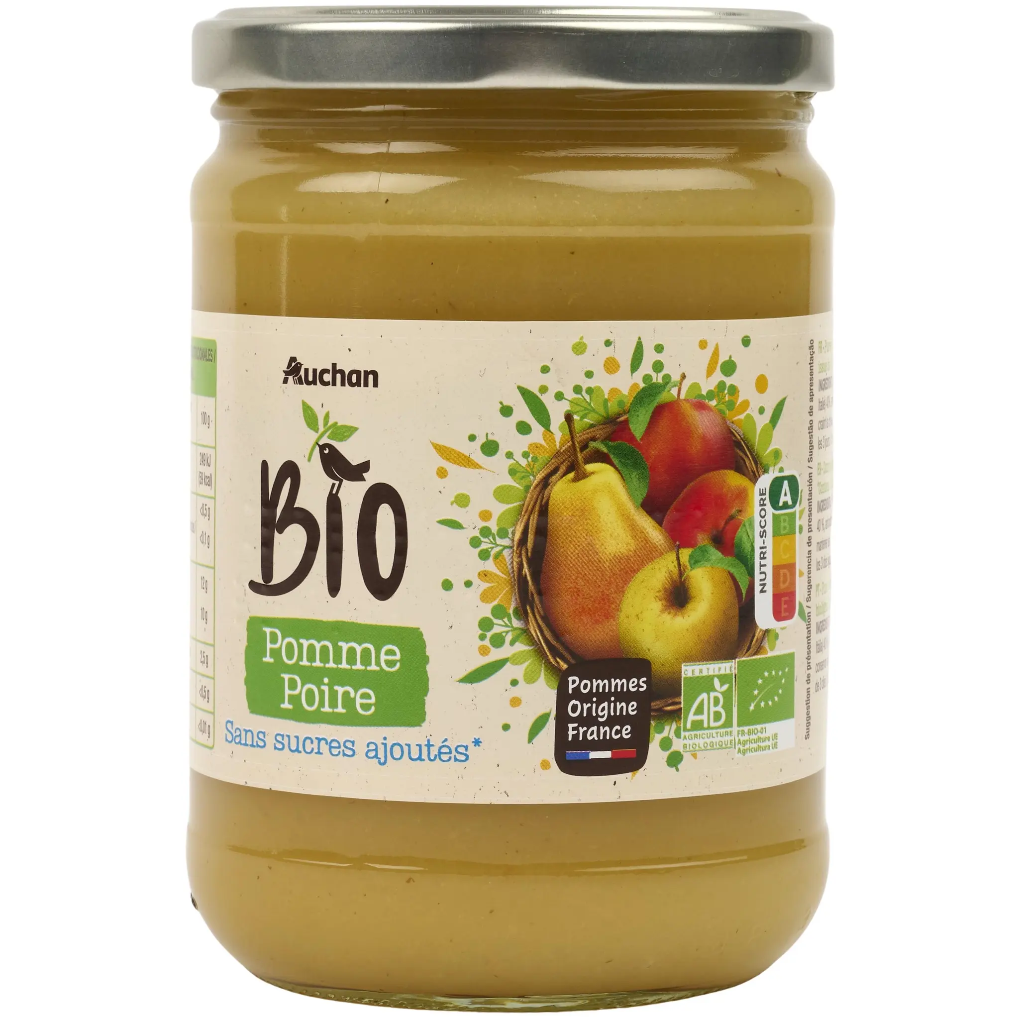 AUCHAN BIO Purée de pomme poire sans sucres ajoutés en bocal