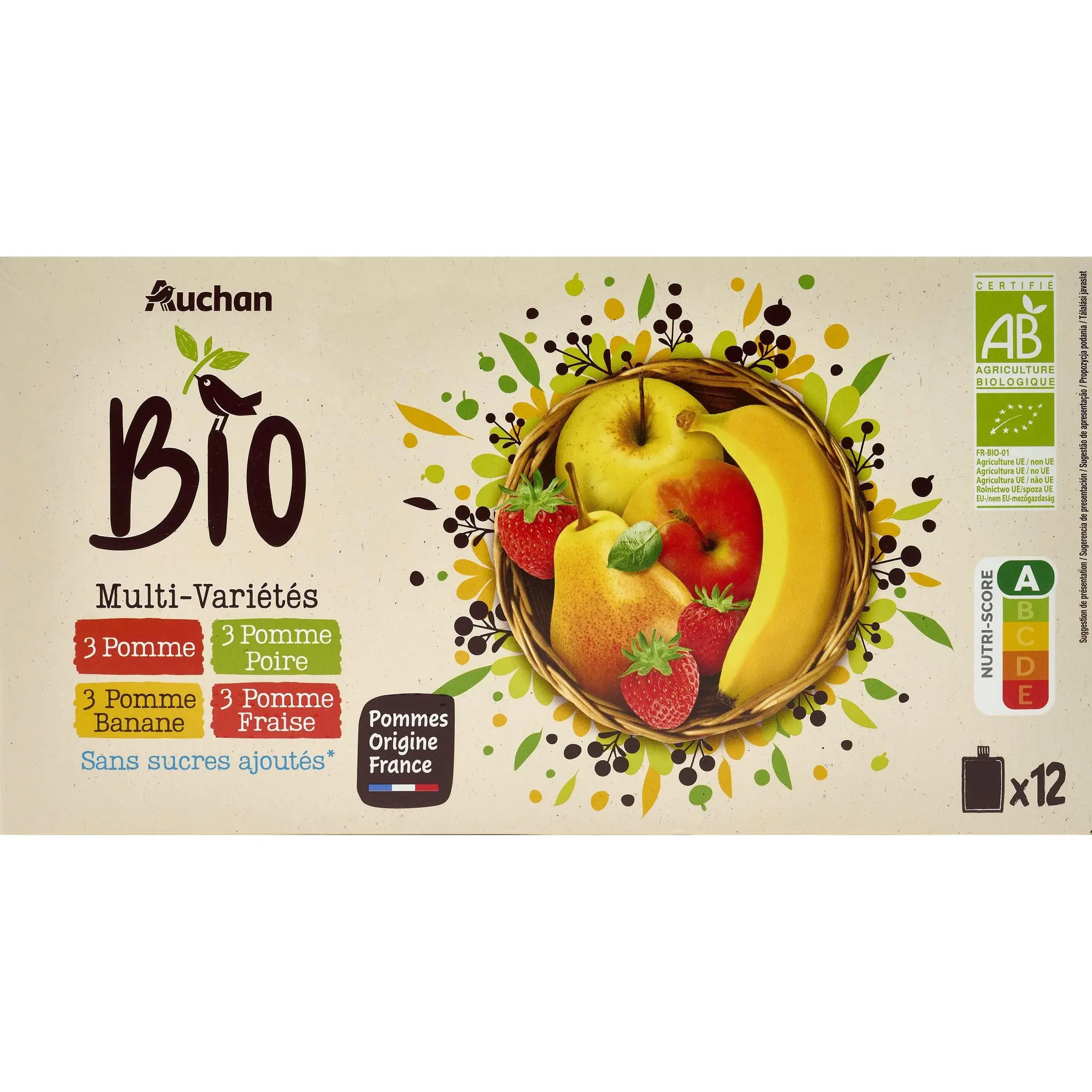 AUCHAN BIO Gourdes purée de fruits multivariétés pomme poire banane fraise sans sucres ajoutés