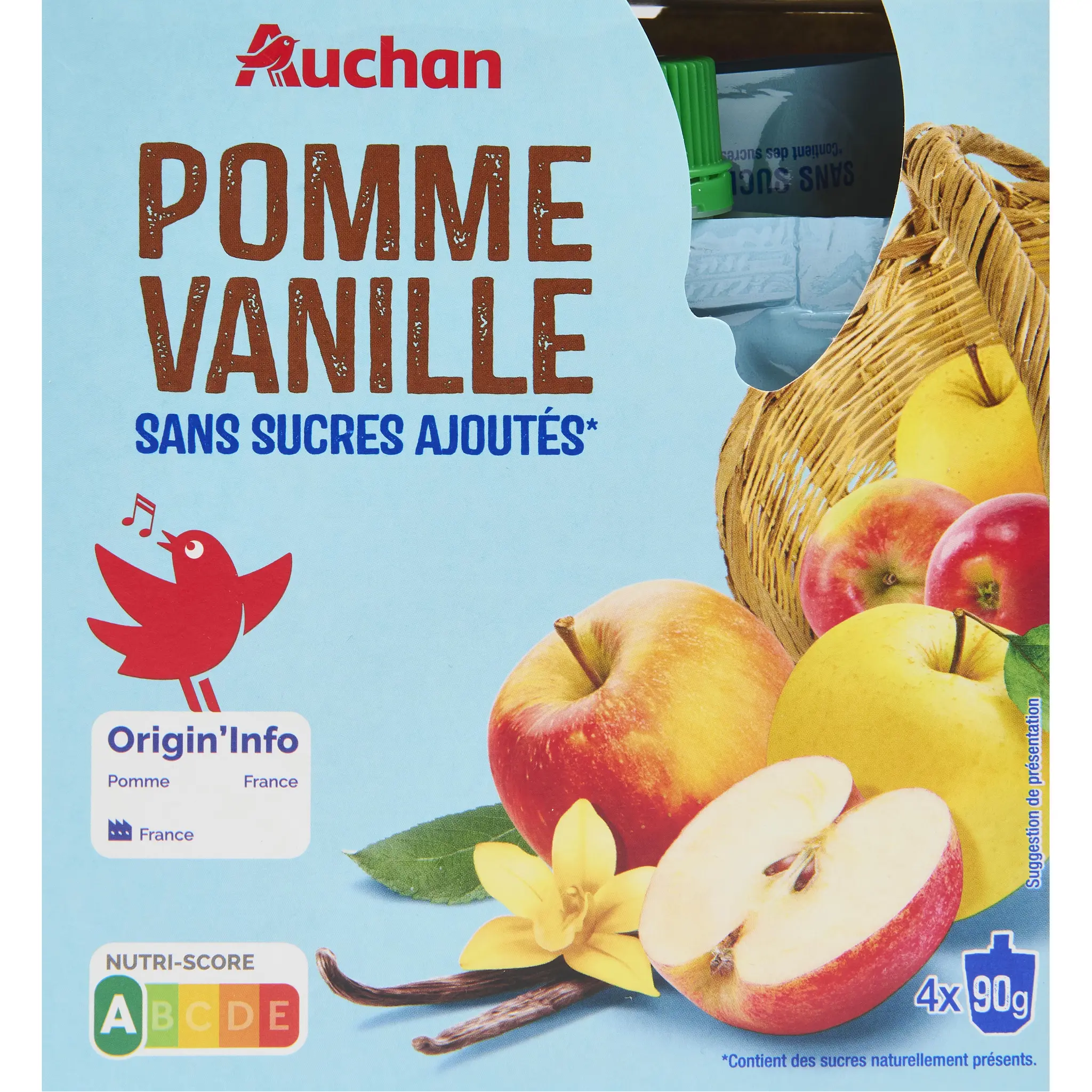AUCHAN Gourdes compote de pomme vanille sans sucres ajoutés