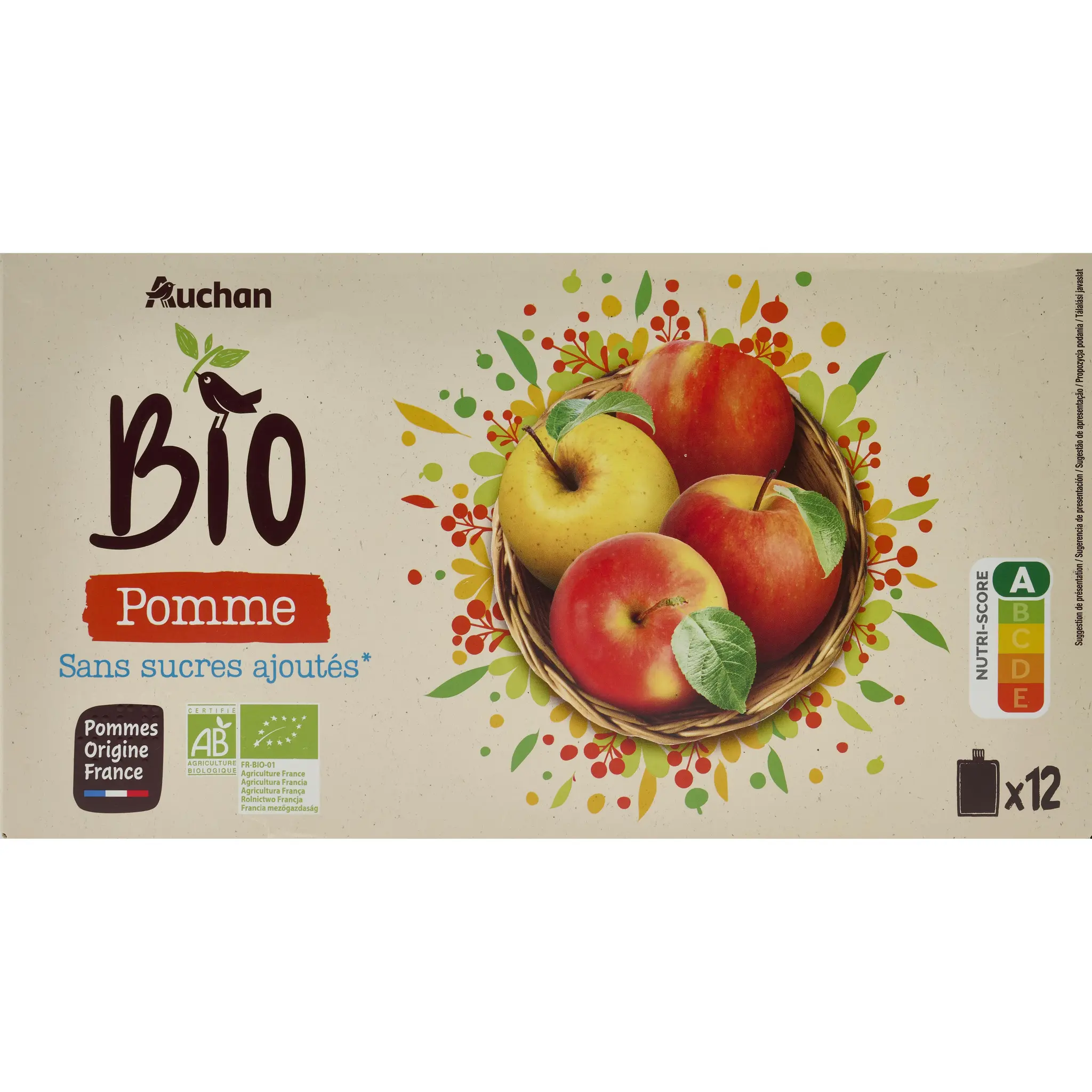 AUCHAN BIO Gourdes purée de pomme sans sucres ajoutés
