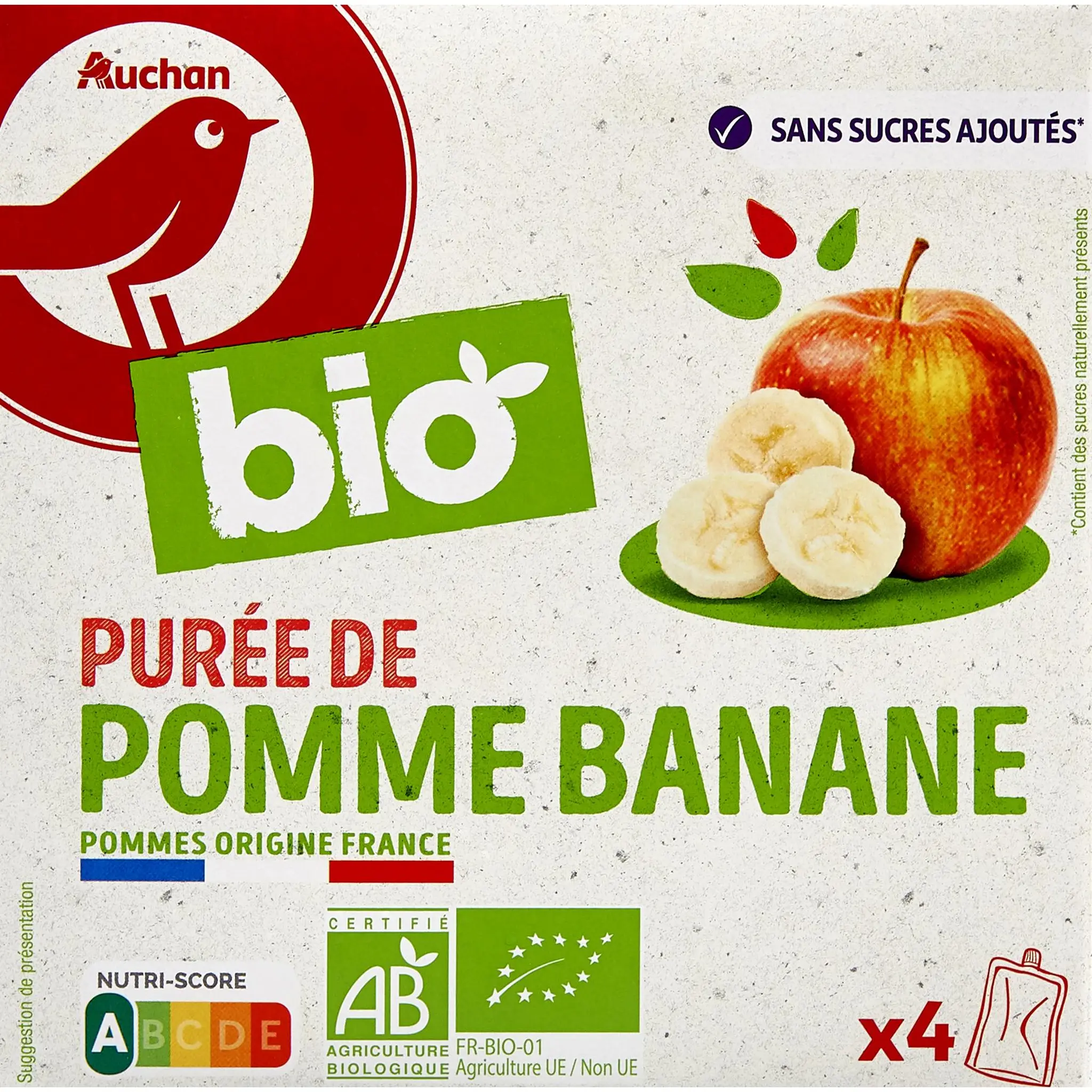 AUCHAN BIO Gourdes purée de pomme banane sans sucres ajoutés