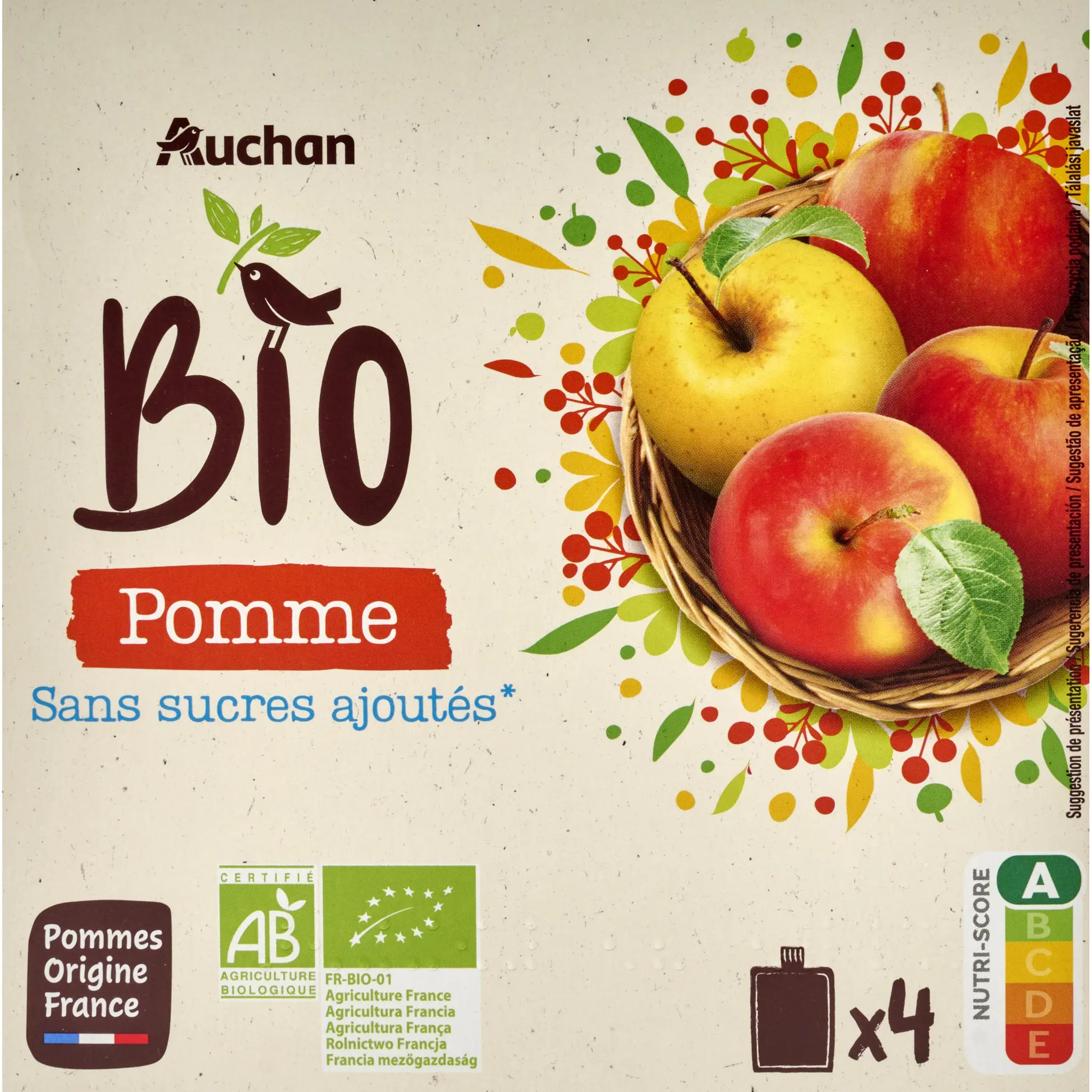 AUCHAN BIO Gourdes purée de pomme sans sucres ajoutés