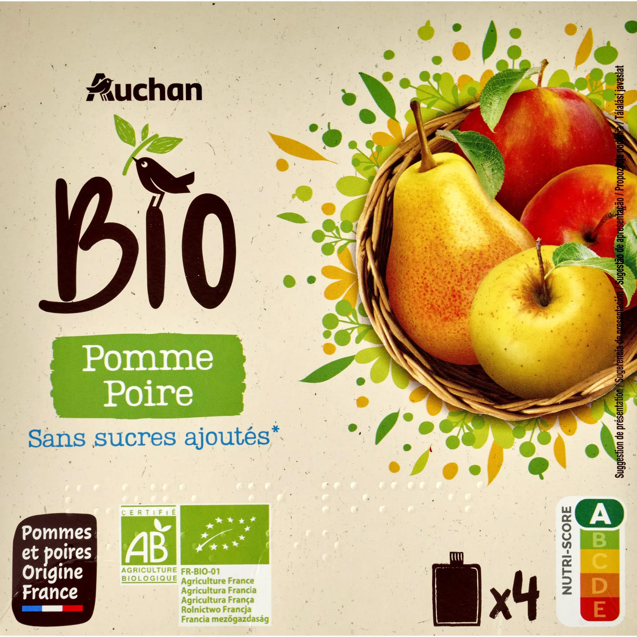 AUCHAN BIO Gourdes purée de pomme poire sans sucres ajoutés