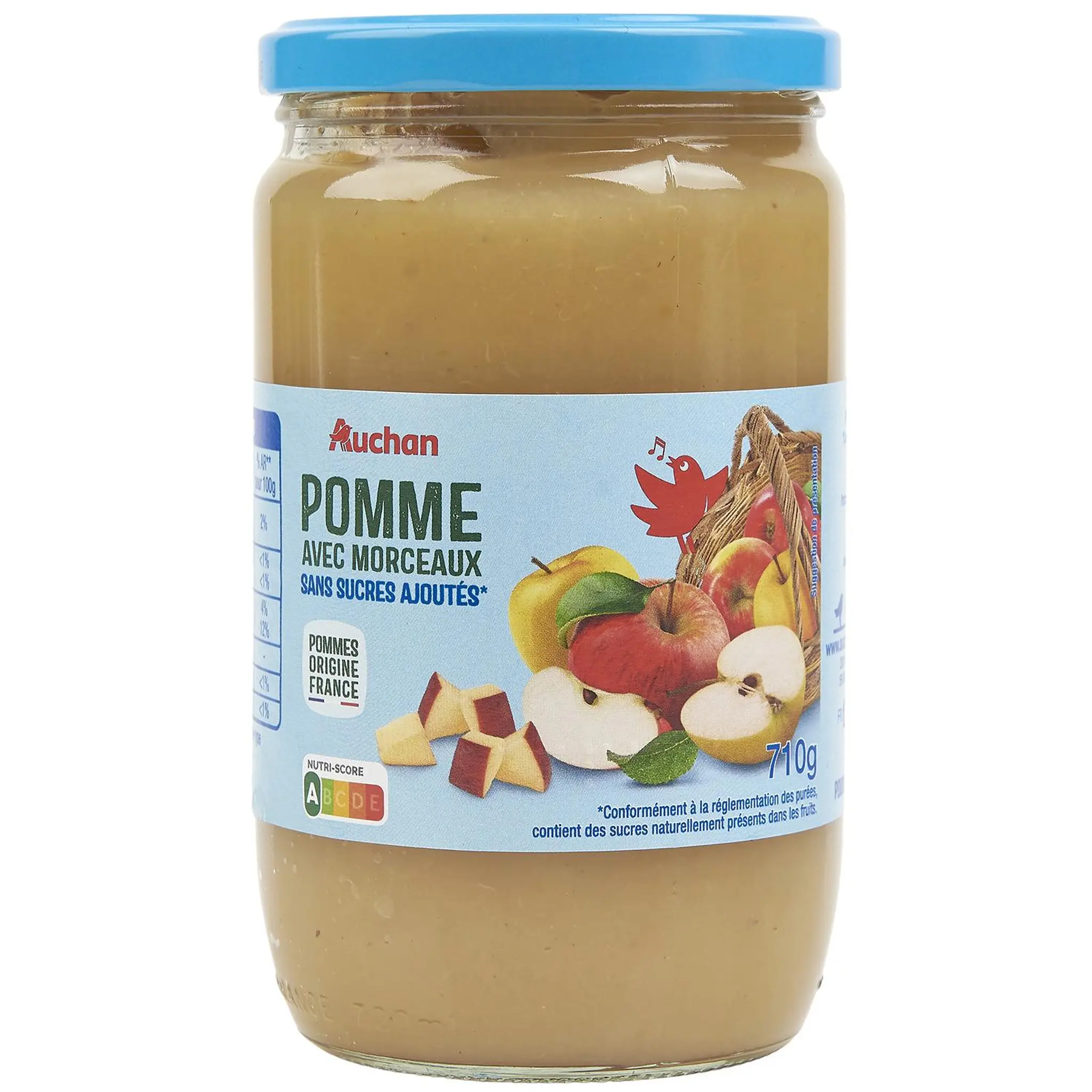 AUCHAN Purée de pomme avec morceaux sans sucres ajoutés en bocal