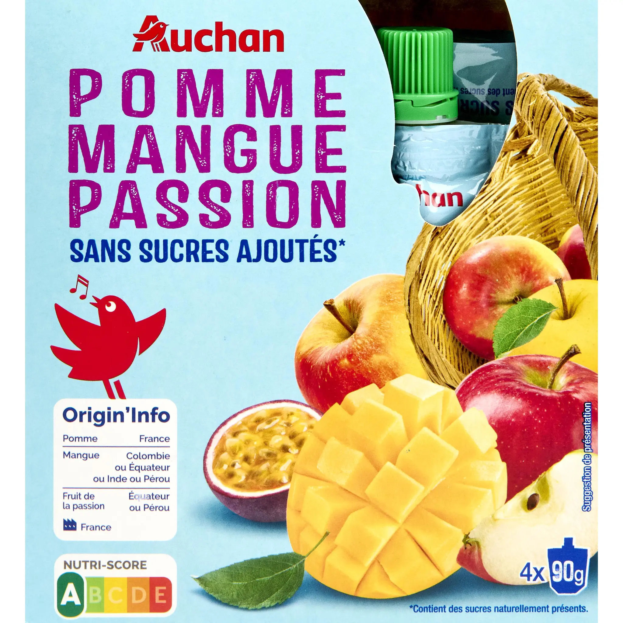 AUCHAN Gourdes compote de pomme mangue passion sans sucres ajoutés