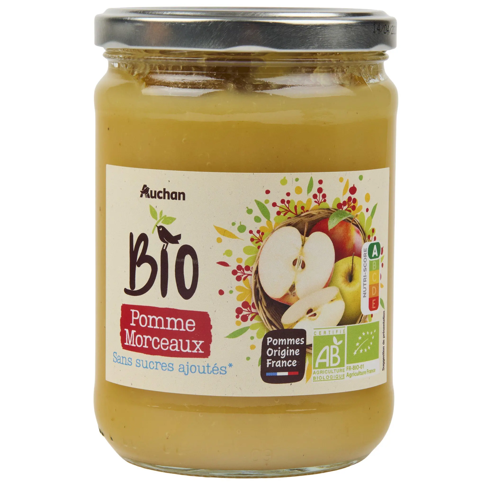 AUCHAN BIO Purée de pomme en morceaux sans sucres ajoutés bocal