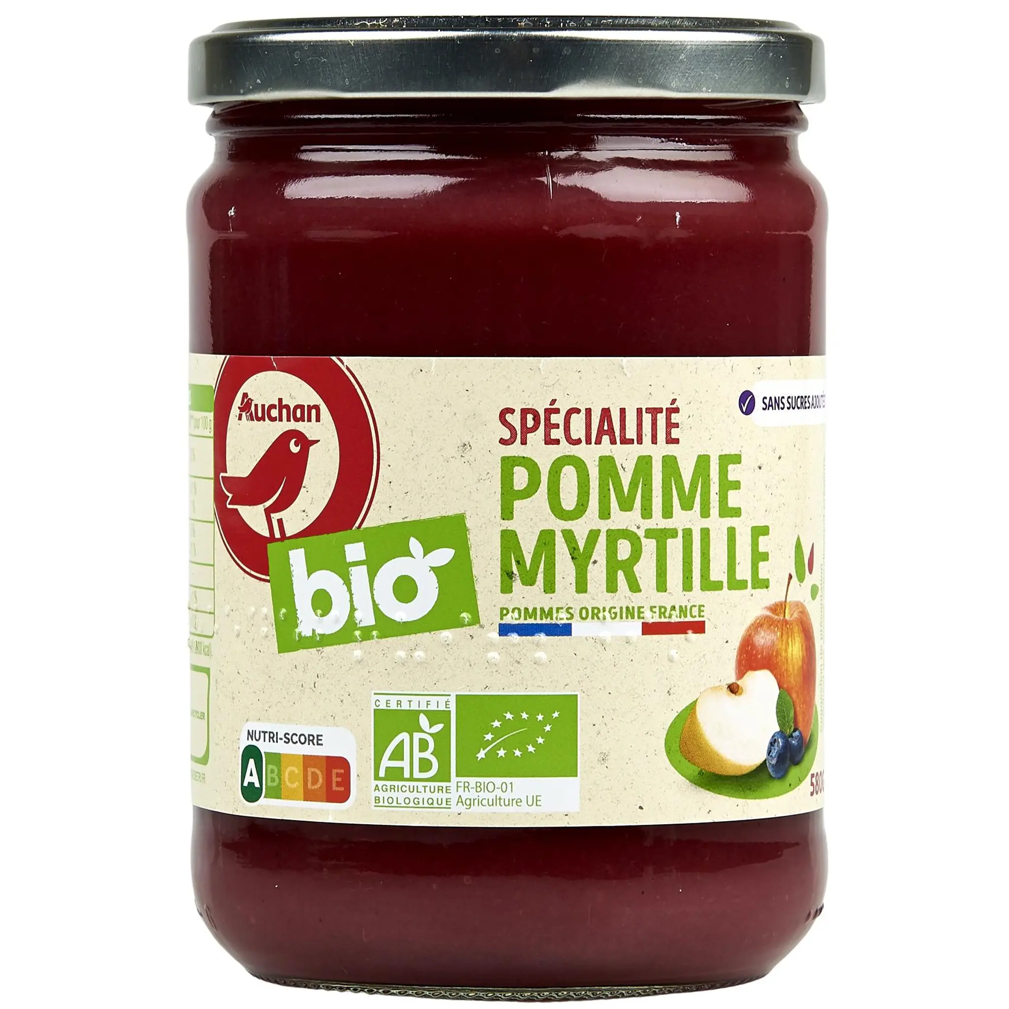 AUCHAN BIO Spécialité pomme myrtille sans sucres ajoutés bio