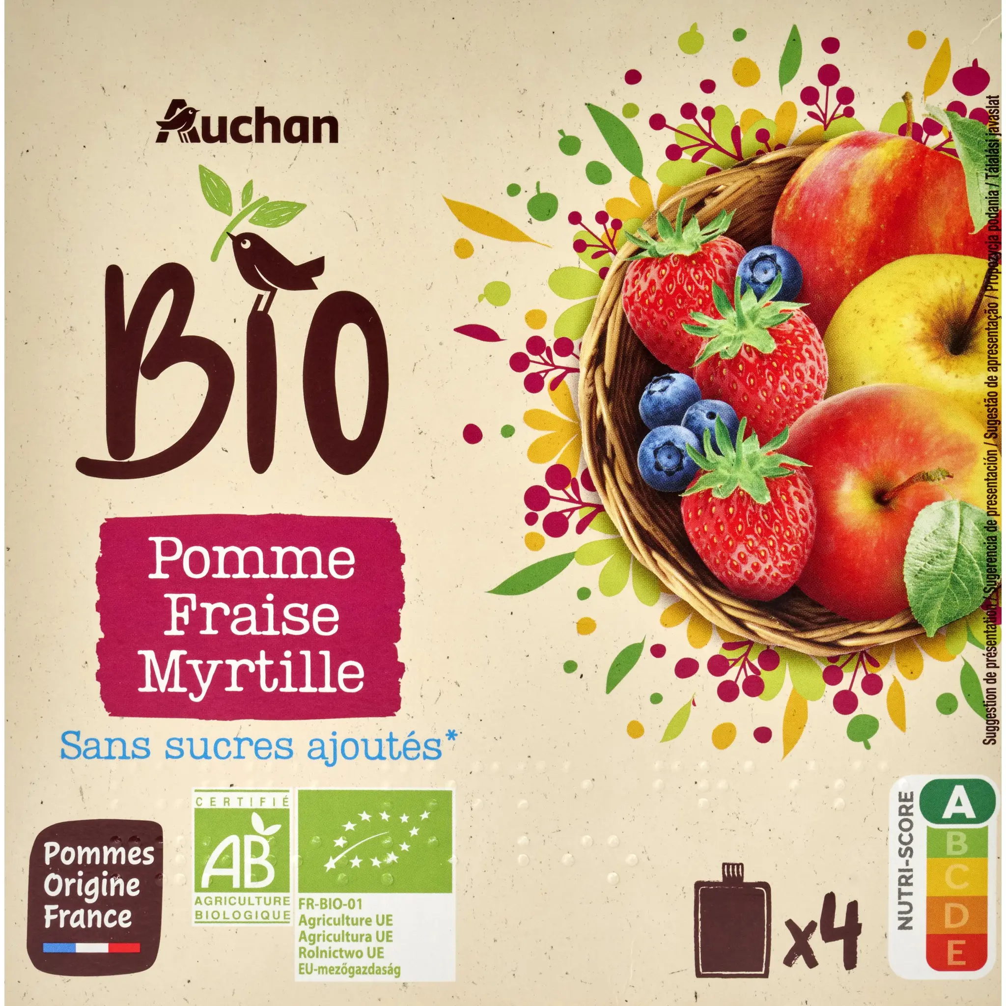 AUCHAN BIO Gourdes purée de pomme fraise myrtille sans sucres ajoutés