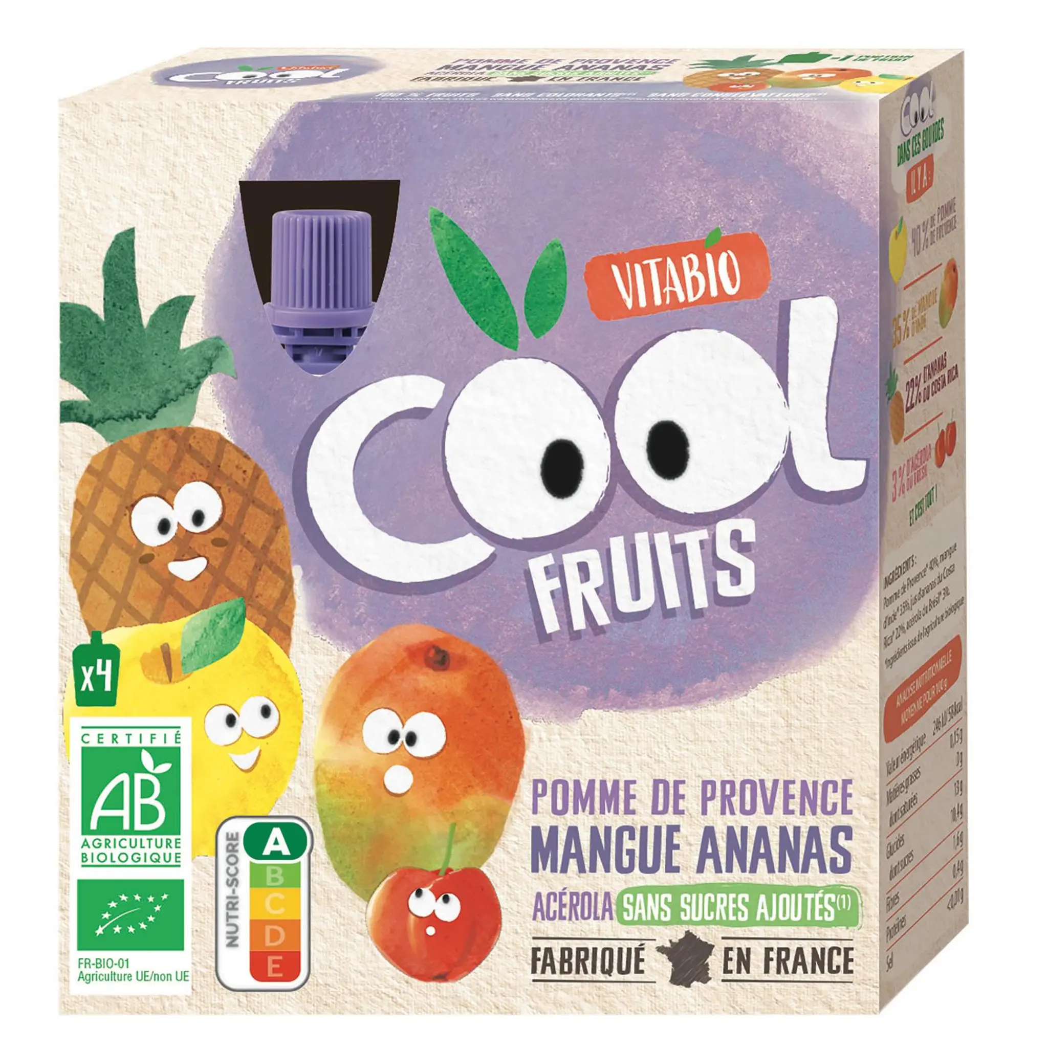VITABIO Cool Fruits Gourdes compote de pomme mangue ananas acérola bio sans sucres ajoutés