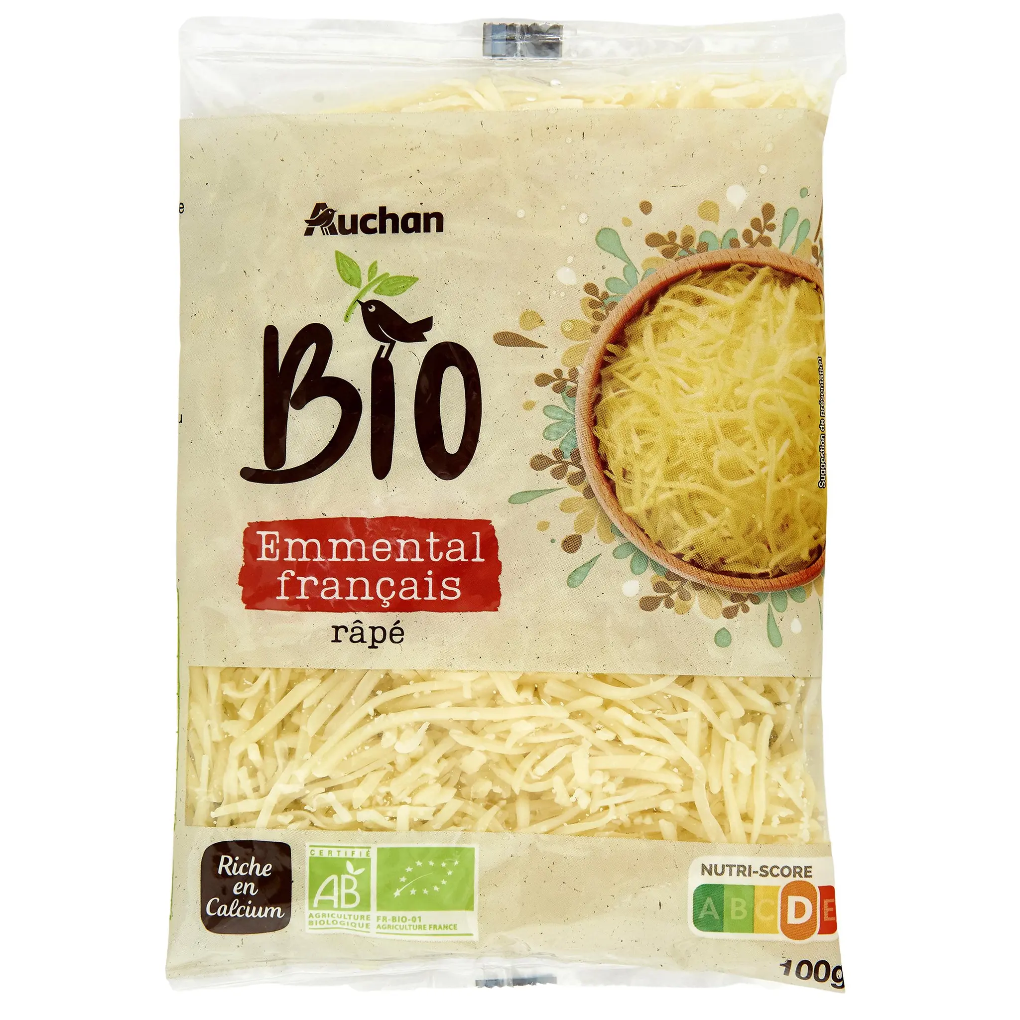 AUCHAN BIO Emmental râpé français au lait pasteurisé bio
